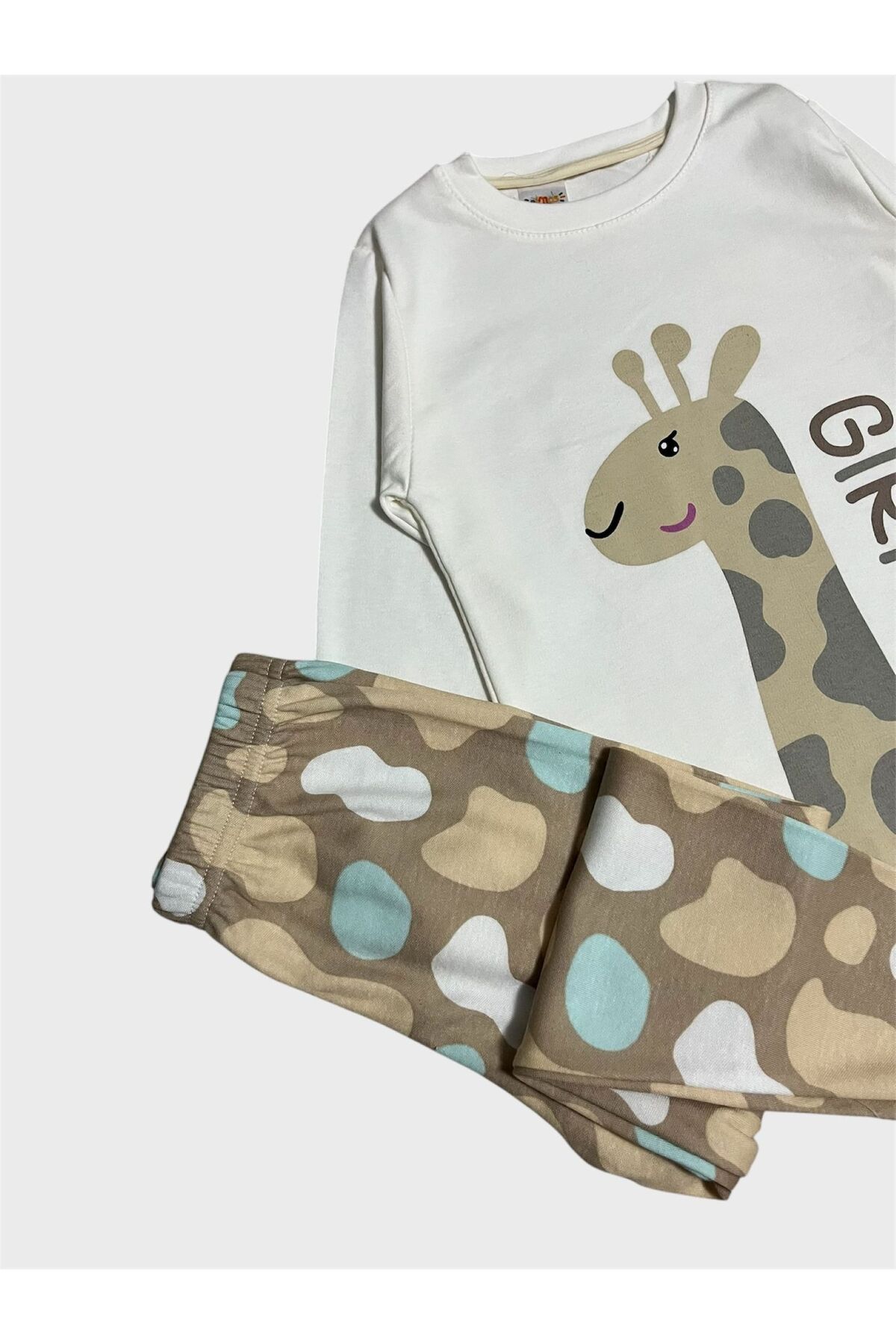 Genel Markalar Kız Çocuk %100 Pamuklu Beyaz Zürafa Desenli Uzun Kollu Pijama Takımı fotoğrafı 3 (önizleme)