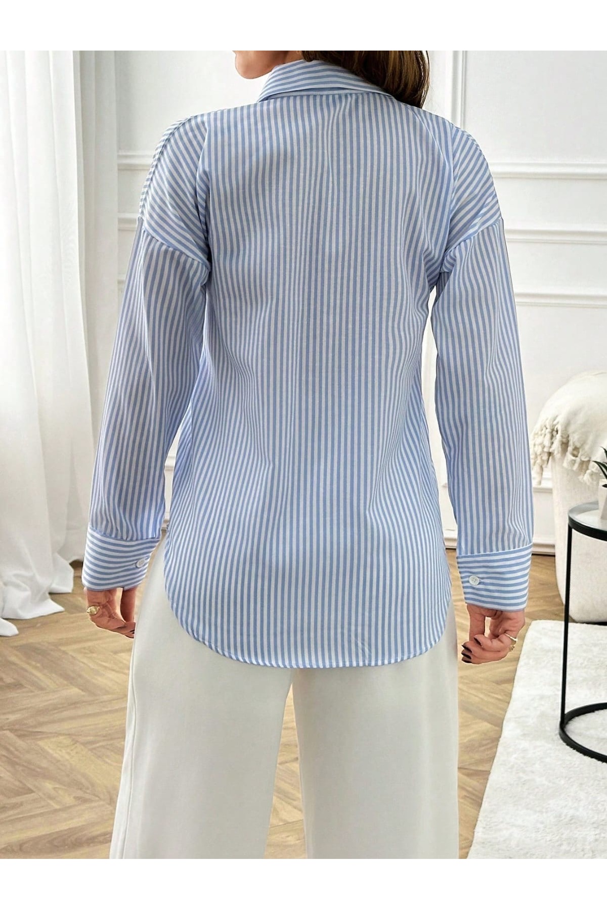 Kırmızı iz  Oversize / Salaş Rahat Kalıp Çizgili Poplin Gömlek çizgili gömlek - Görsel 3