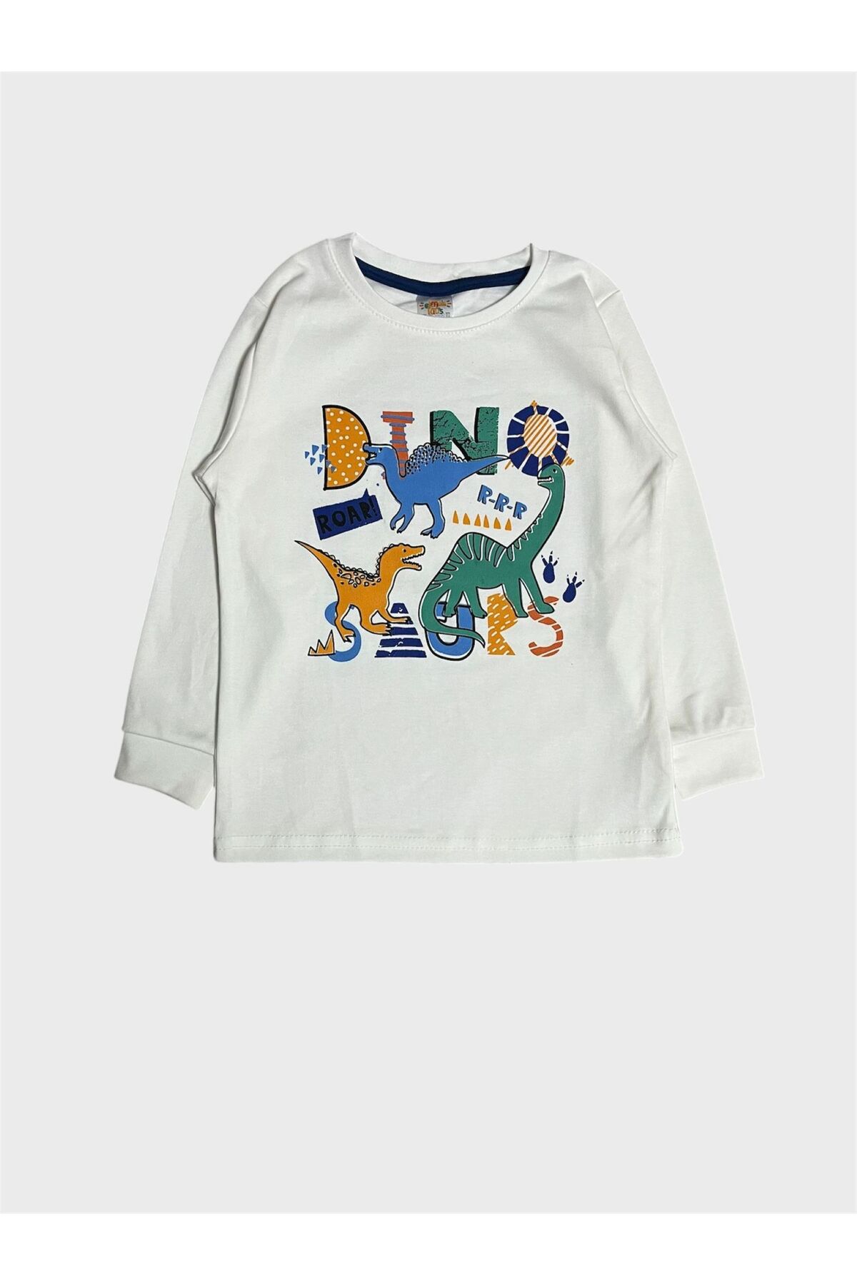 elmas kids Erkek Çocuk %100 Pamuklu Beyaz Dinozor Desenli Uzun Kollu Pijama Takımı fotoğrafı 3 (önizleme)