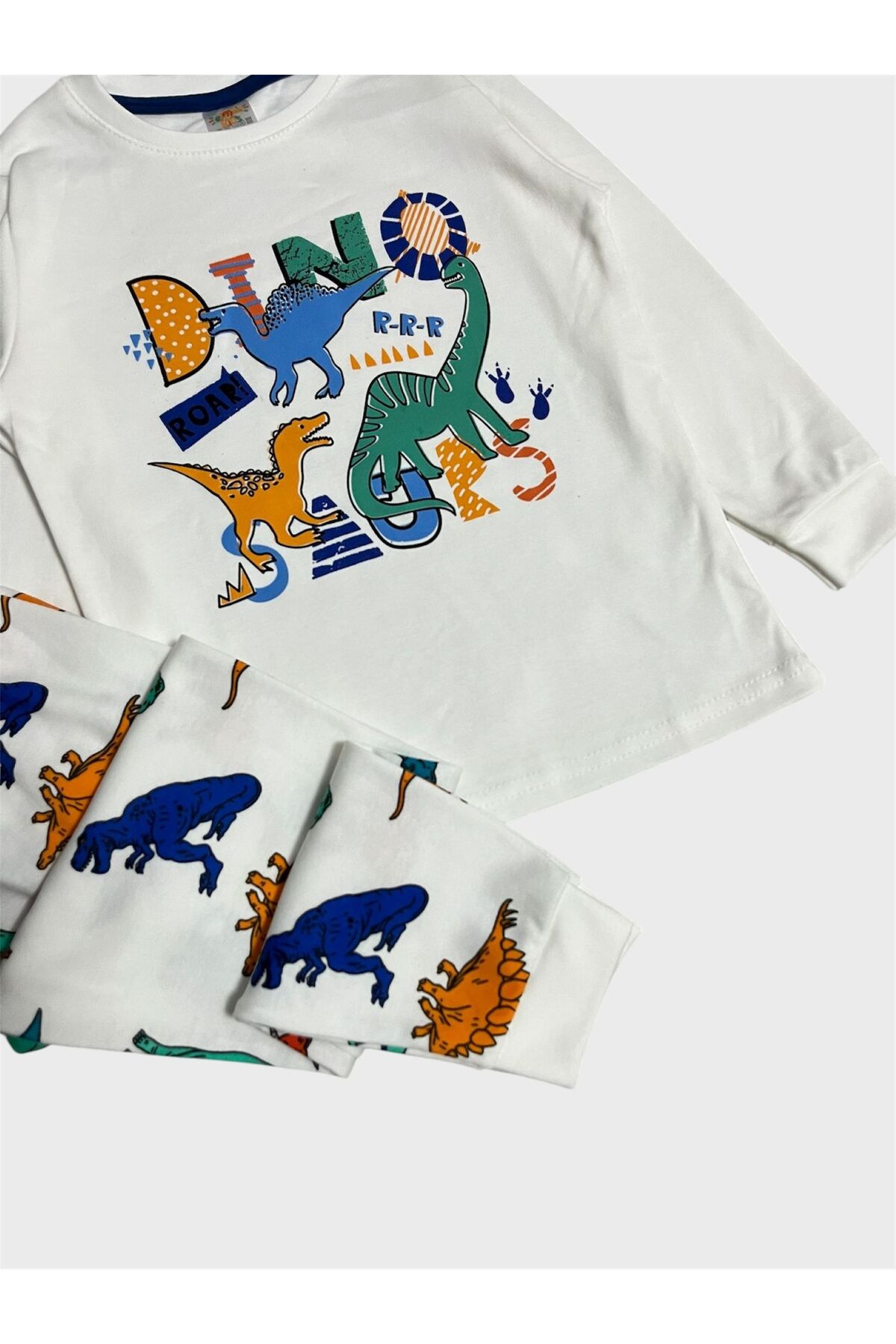 elmas kids Erkek Çocuk %100 Pamuklu Beyaz Dinozor Desenli Uzun Kollu Pijama Takımı fotoğrafı 5 (önizleme)