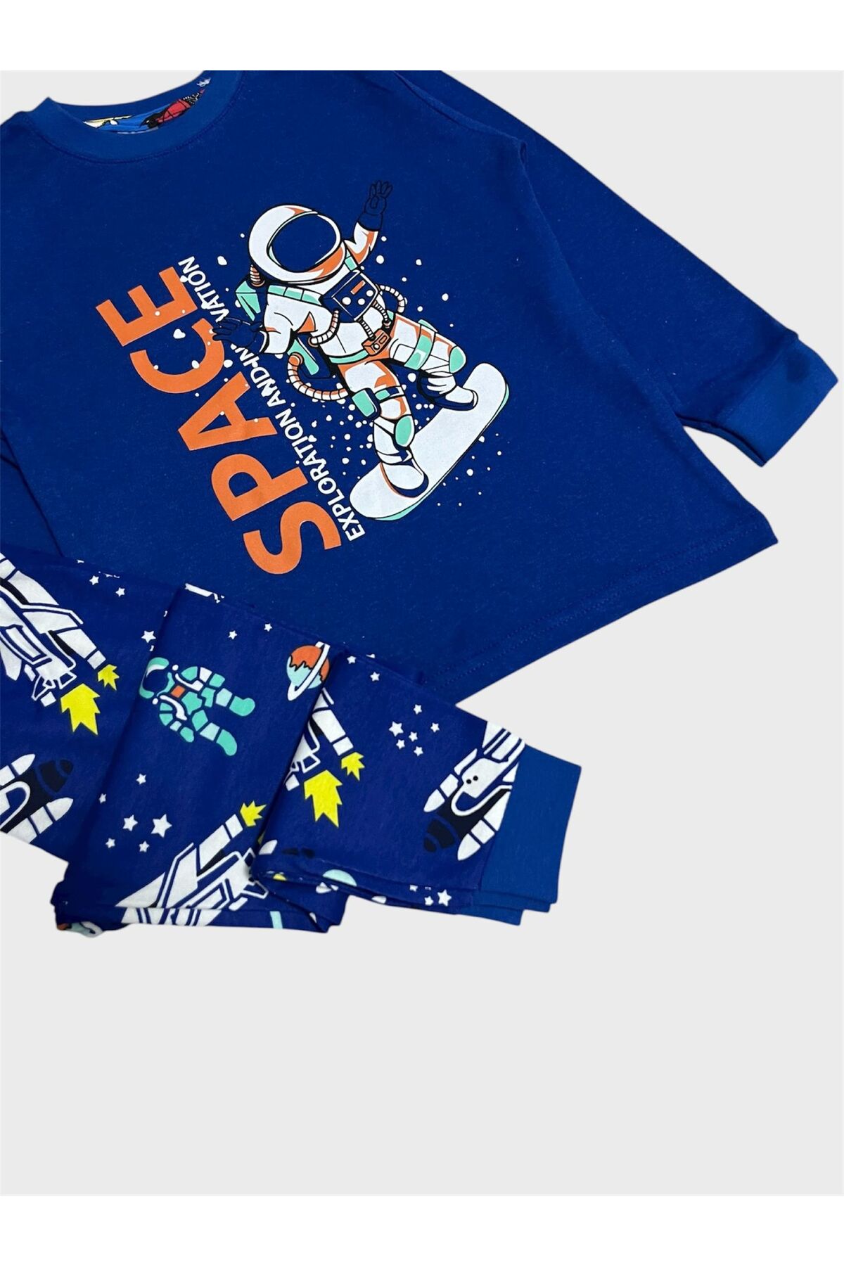 elmas kids Erkek Çocuk %100 Pamuklu Saks Mavisi Astronot Desenli Uzun Kollu Pijama Takımı fotoğrafı 4 (önizleme)