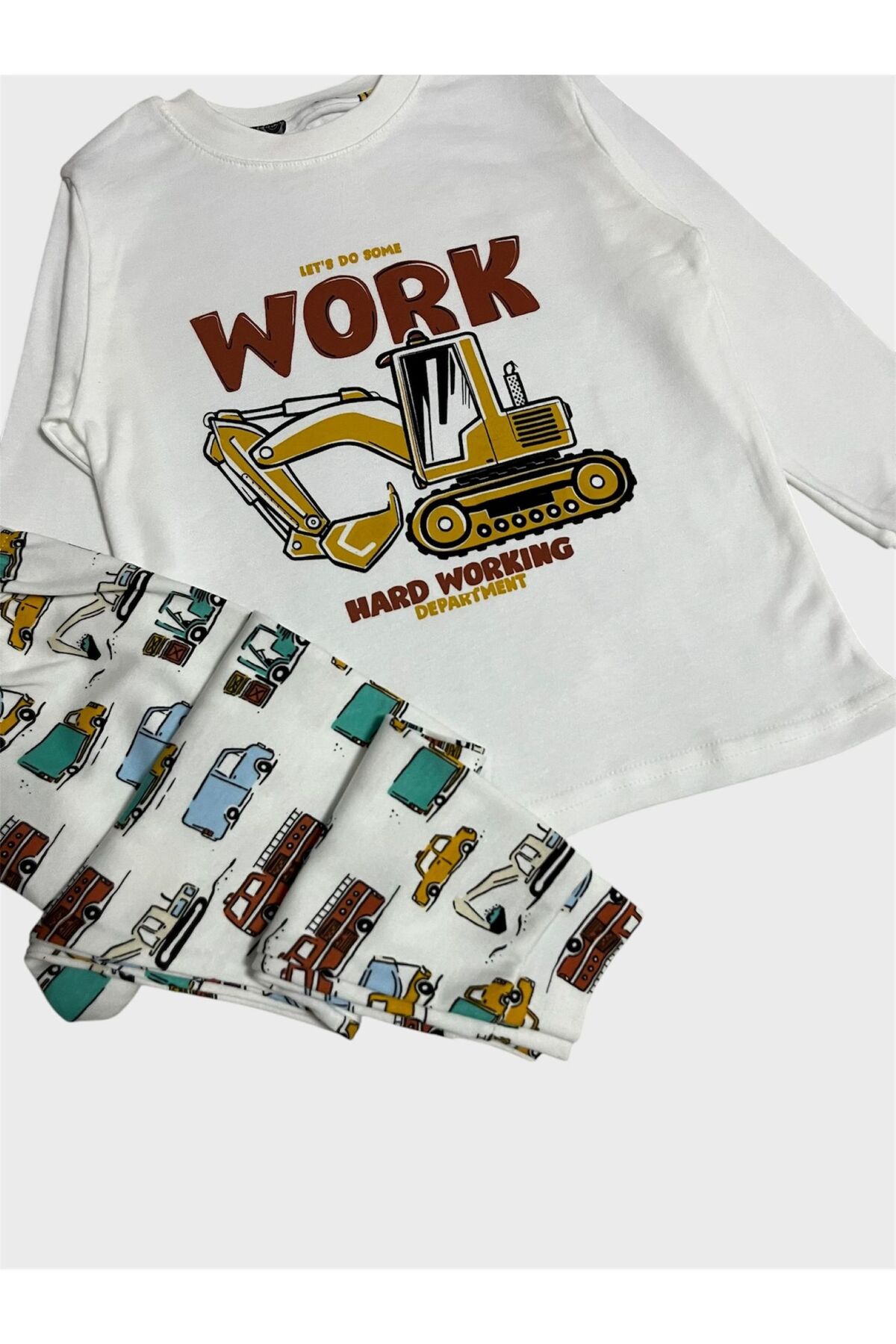 Genel Markalar Erkek Çocuk %100 Pamuklu Beyaz İş Makinesi Araba Kamyon Desenli Uzun Kollu Pijama Takımı fotoğrafı 4 (önizleme)
