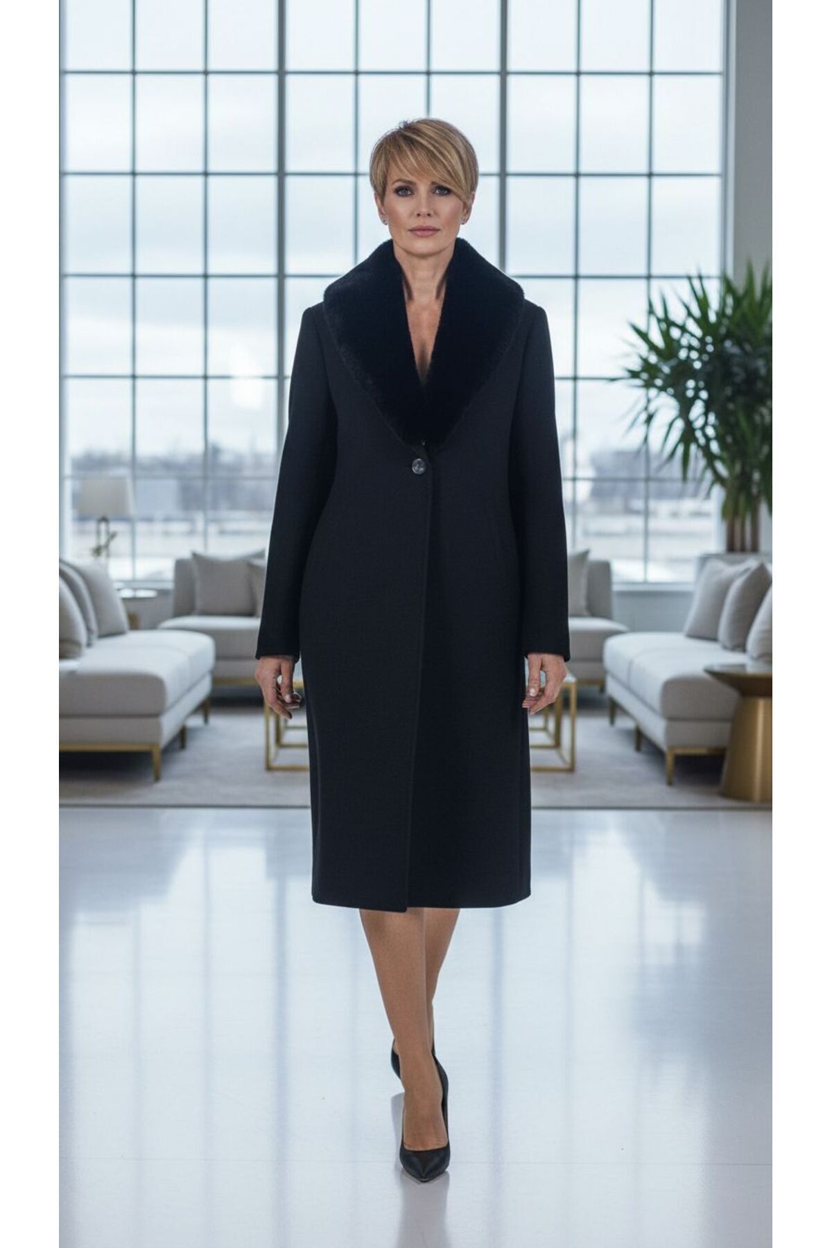 dml giyim Kürk yaka detay uzun kaban