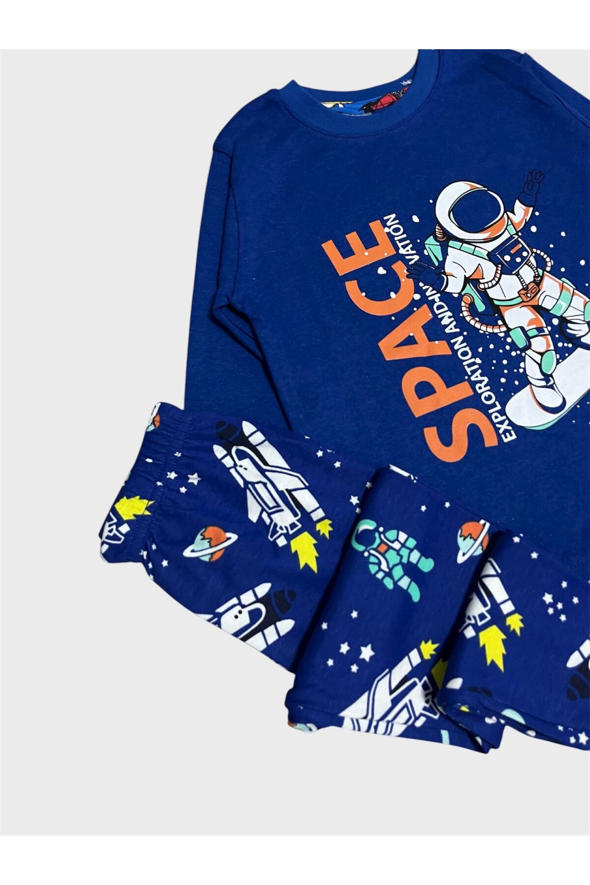 elmas kids Erkek Çocuk %100 Pamuklu Saks Mavisi Astronot Desenli Uzun Kollu Pijama Takımı fotoğrafı 3 (önizleme)