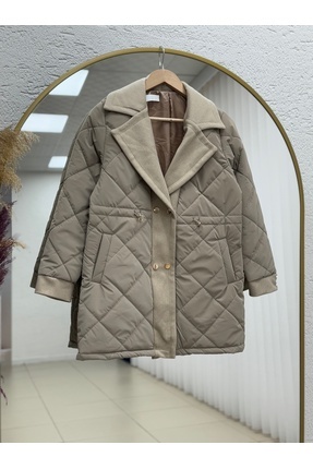 BENAHOLL Alva Düğmeleri Çıtçıtlı Beli Sıkmalı Kapitone Kısa Mont-EN2108 Vizon