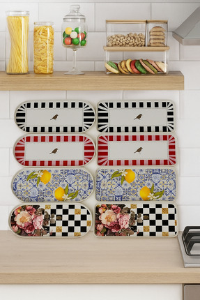 AC AMİSOS 8’li Desenli Dikdörtgen & Oval Kahve Sunum Tepsisi –Siyah,Kırmızı,L...