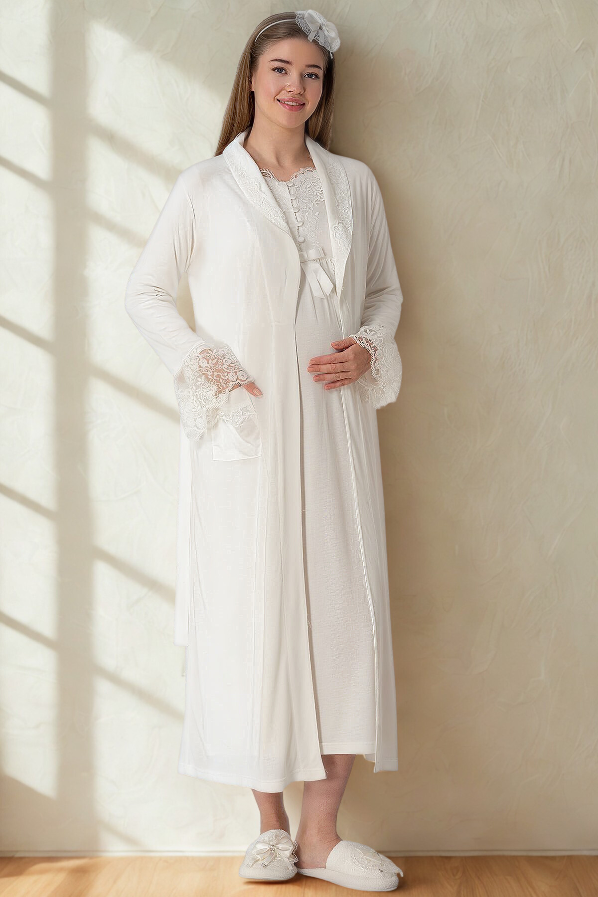 bigmama Tam Boy Kadın 2li Hamile Lohusa sabahlık gecelik Takımı - Emzirme Kolaylığı - Rahat & yumuşak