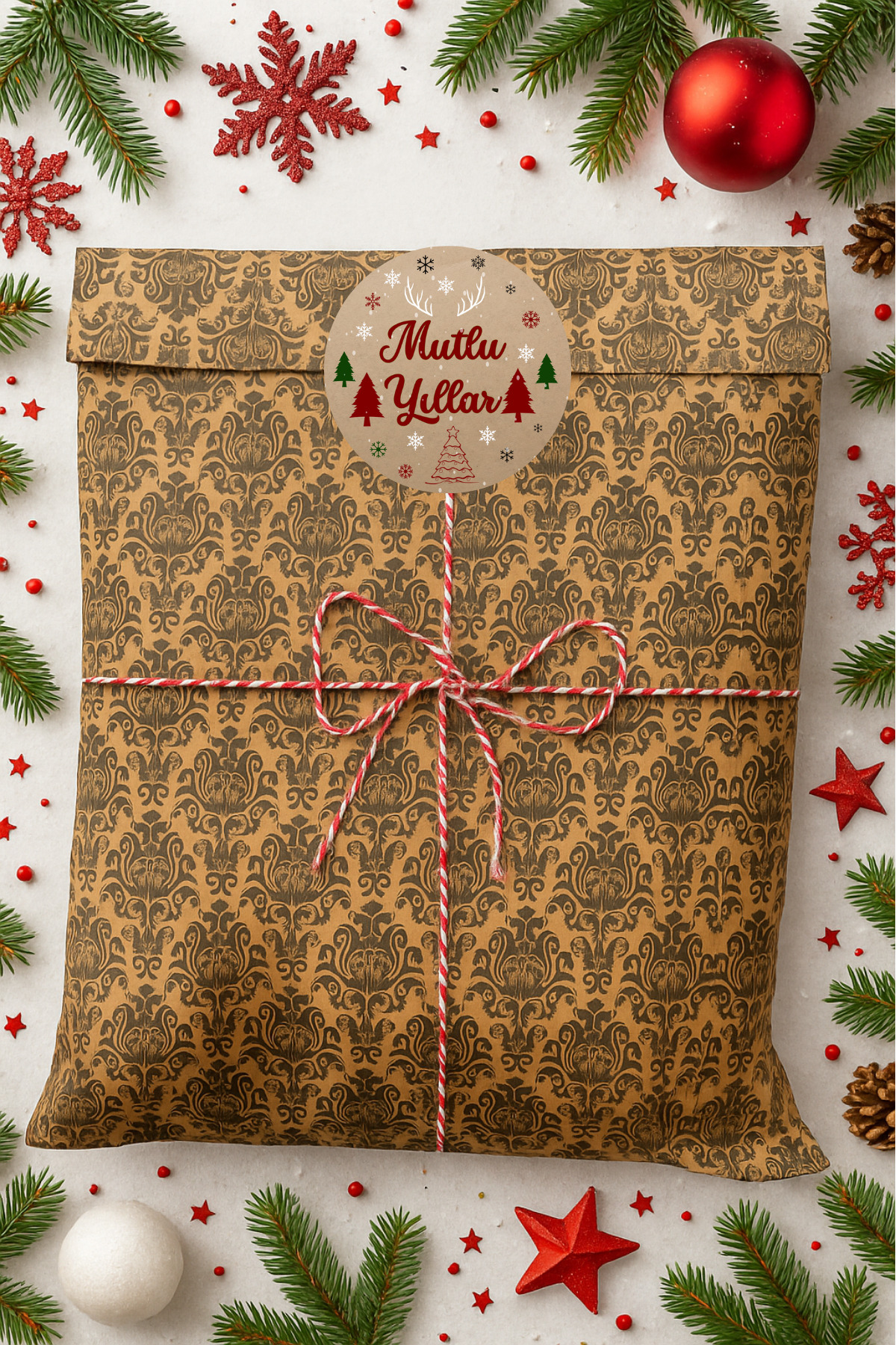Dekals 3lu Set Damask Desenli Yılbaşı Hazır Hediye Paketi Seti (30x40 Paket+ip+ ETİKET-8CM)