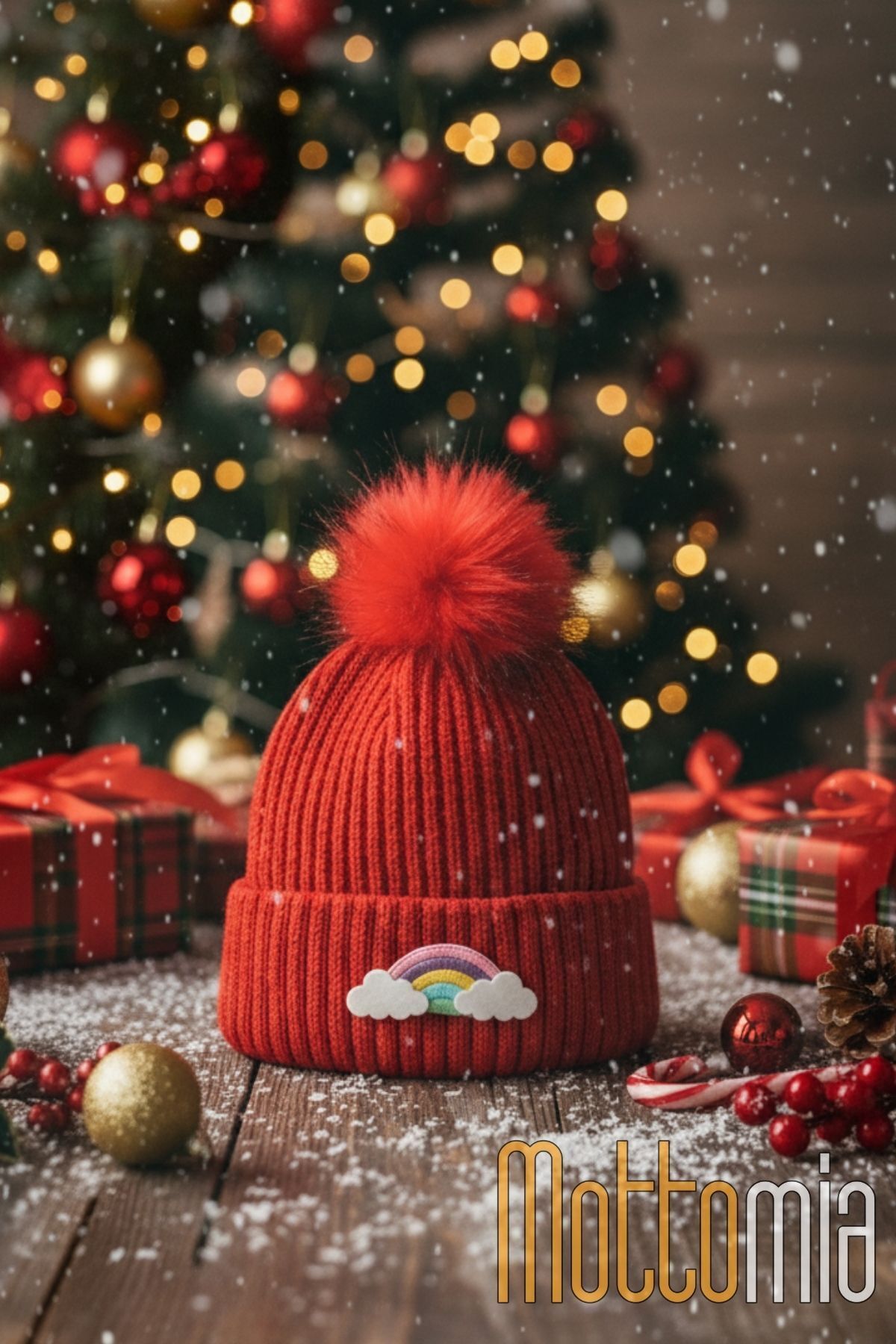 Yılbaşı Günü Özel Koleksiyon Gökkuşağı Figürlü Ponponlu Kırmızı Renk Bere | Yılbaşı Şapkası