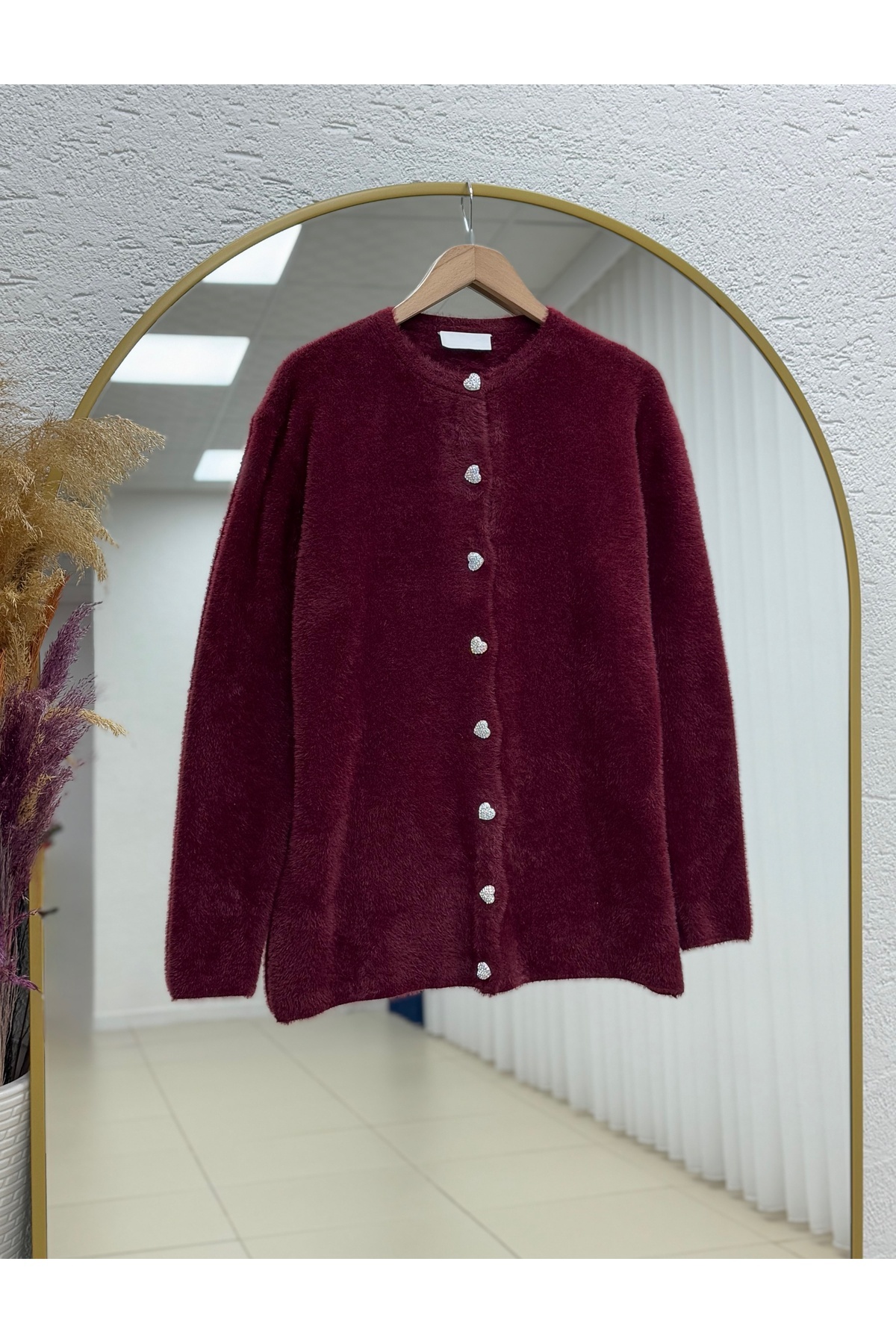 BENAHOLL Adora Kalp Düğmeli Sakallı Hırka-KR3198 Bordo