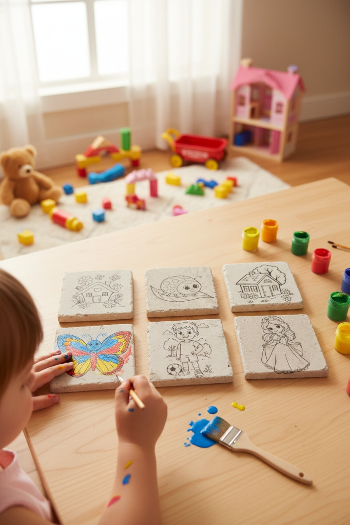 Çocuklar için 6'lı Doğal Taş Boyama Seti 10x10 cm Beyaz Mermer Parçalar