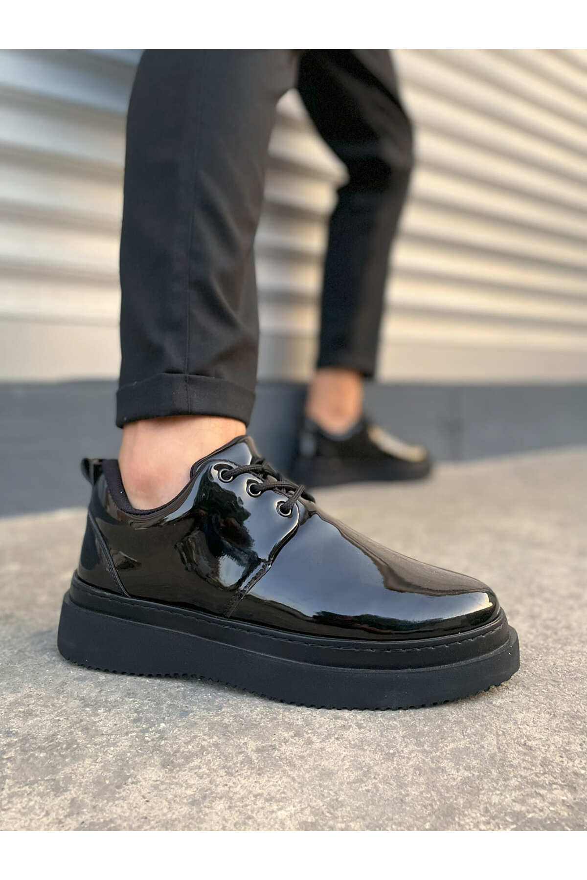 JY03 Luxor Bağcıklı Rugan Erkek Günlük Spor Klasik Ayakkabı RST - Siyah