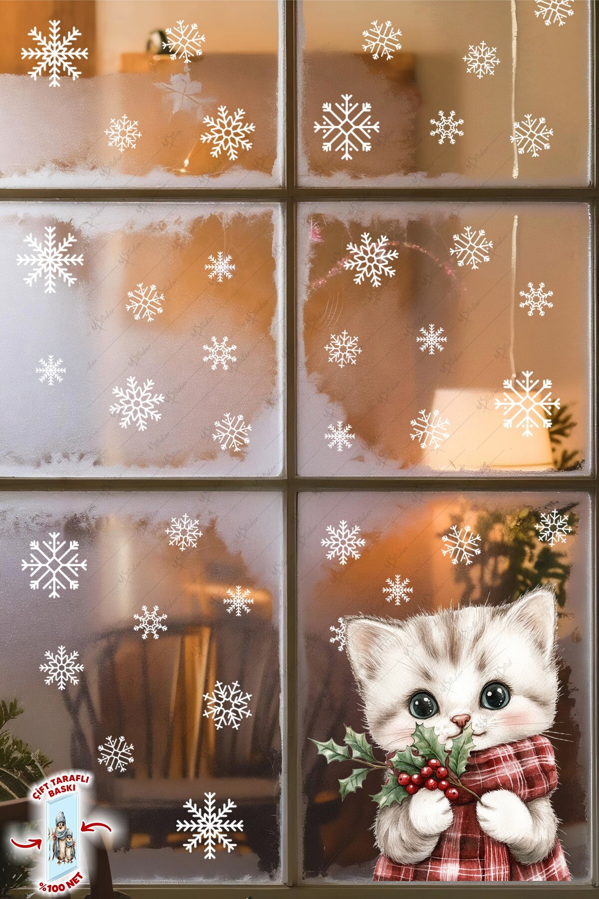 MSticker Şaşkın Kedi & Kar Taneleri Cam Süsü – Çift Taraflı Baskı %100 Net Görünüm - Yılbaşını Bekleyen Kedi fotoğrafı 4 (önizleme)