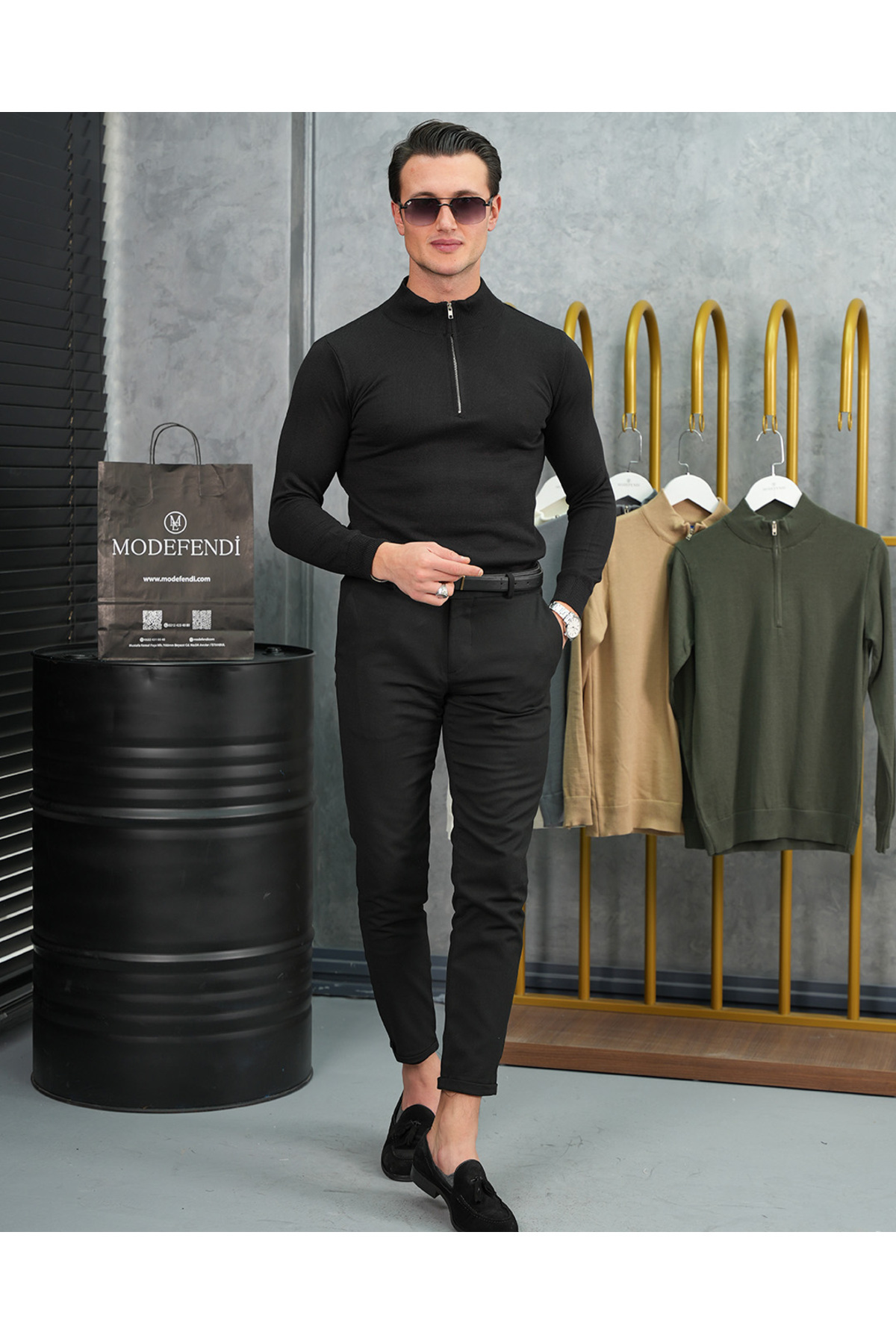 MODEFENDİ Erkek Siyah Pamuk Likra Slim Fit Yarım Fermuarlı Düz Kazak görsel 4