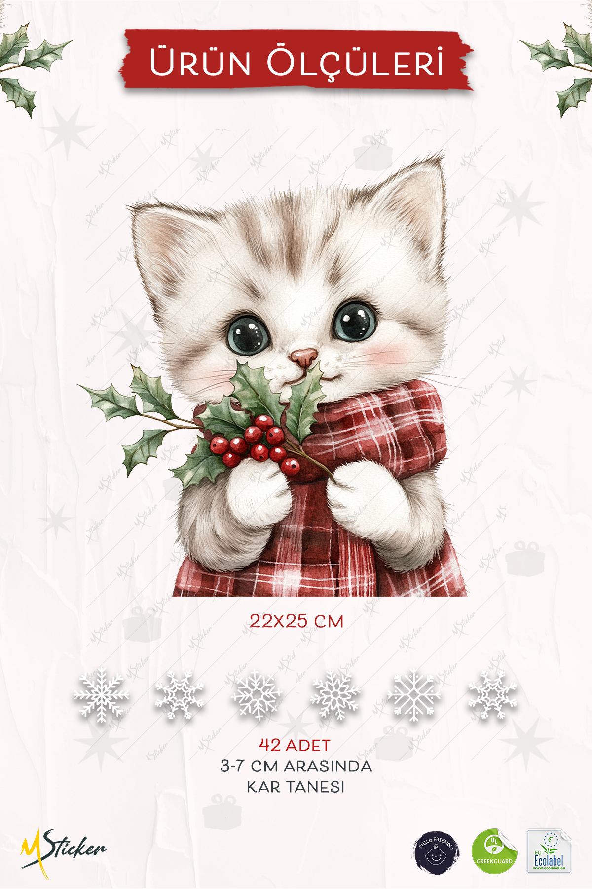 MSticker Şaşkın Kedi & Kar Taneleri Cam Süsü – Çift Taraflı Baskı %100 Net Görünüm - Yılbaşını Bekleyen Kedi fotoğrafı 6 (önizleme)