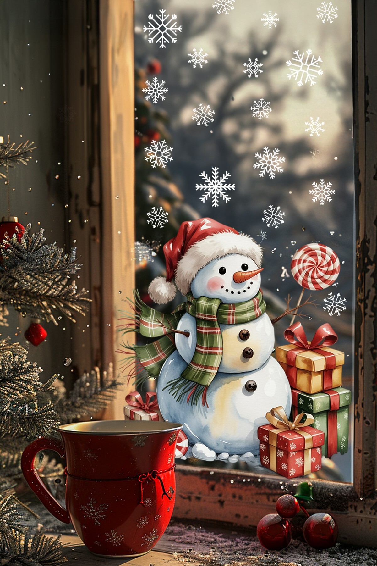 MSticker Kardan Adam Çift Taraflı Cam Sticker Seti – 42 Parça Kar Taneleriyle - Çift Taraflı Yeni Yıl Sticker fotoğrafı 2 (önizleme)