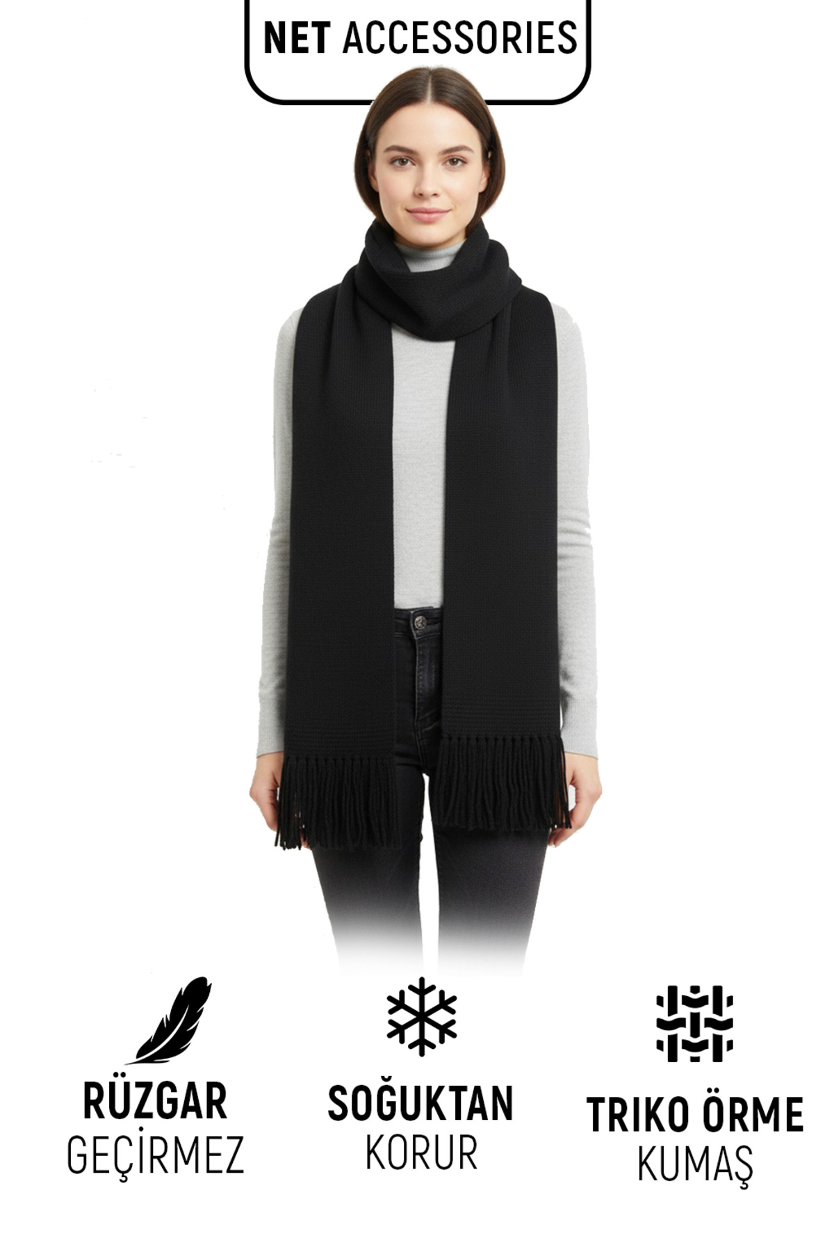 Net Tekstil Siyah Triko Örme Atkı Kaşkol Pamuklu Unisex görsel 3