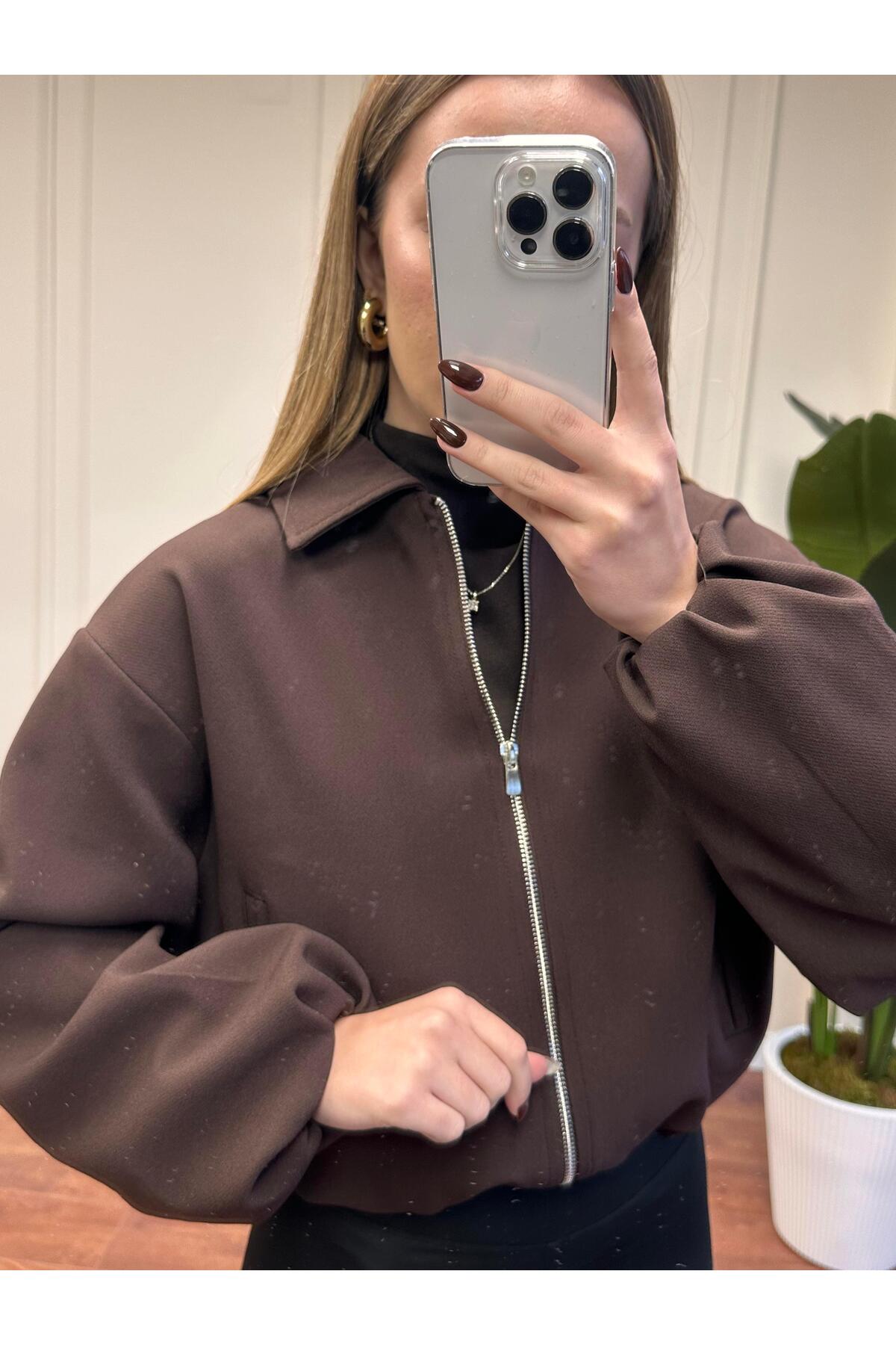 Alyalisbutik  FERMUARLI CROP CEKET - KAHVERENGİ - Görsel 2