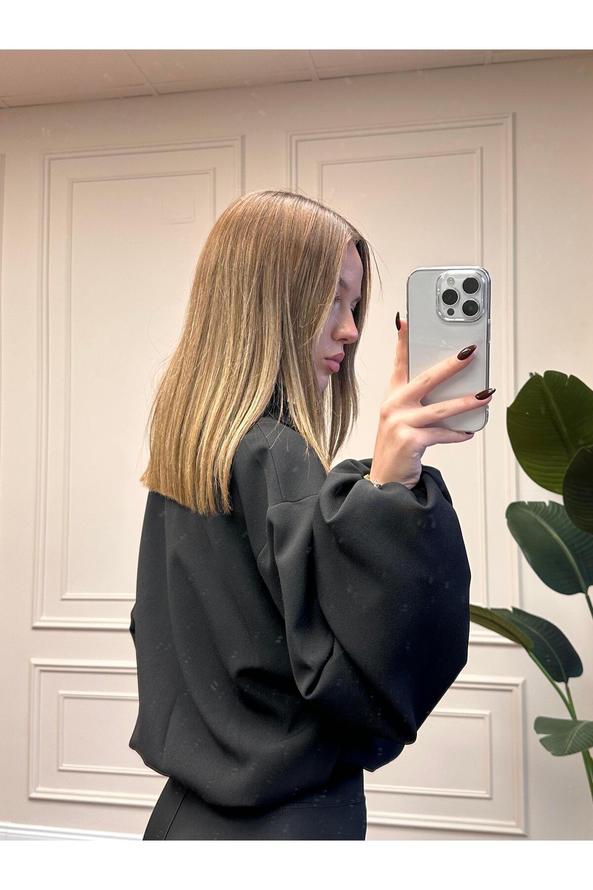 Alyalisbutik  FERMUARLI CROP CEKET- SİYAH - Görsel 2