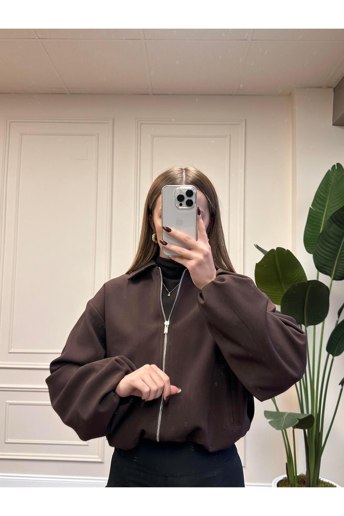 Alyalisbutik  FERMUARLI CROP CEKET - KAHVERENGİ - Görsel 4