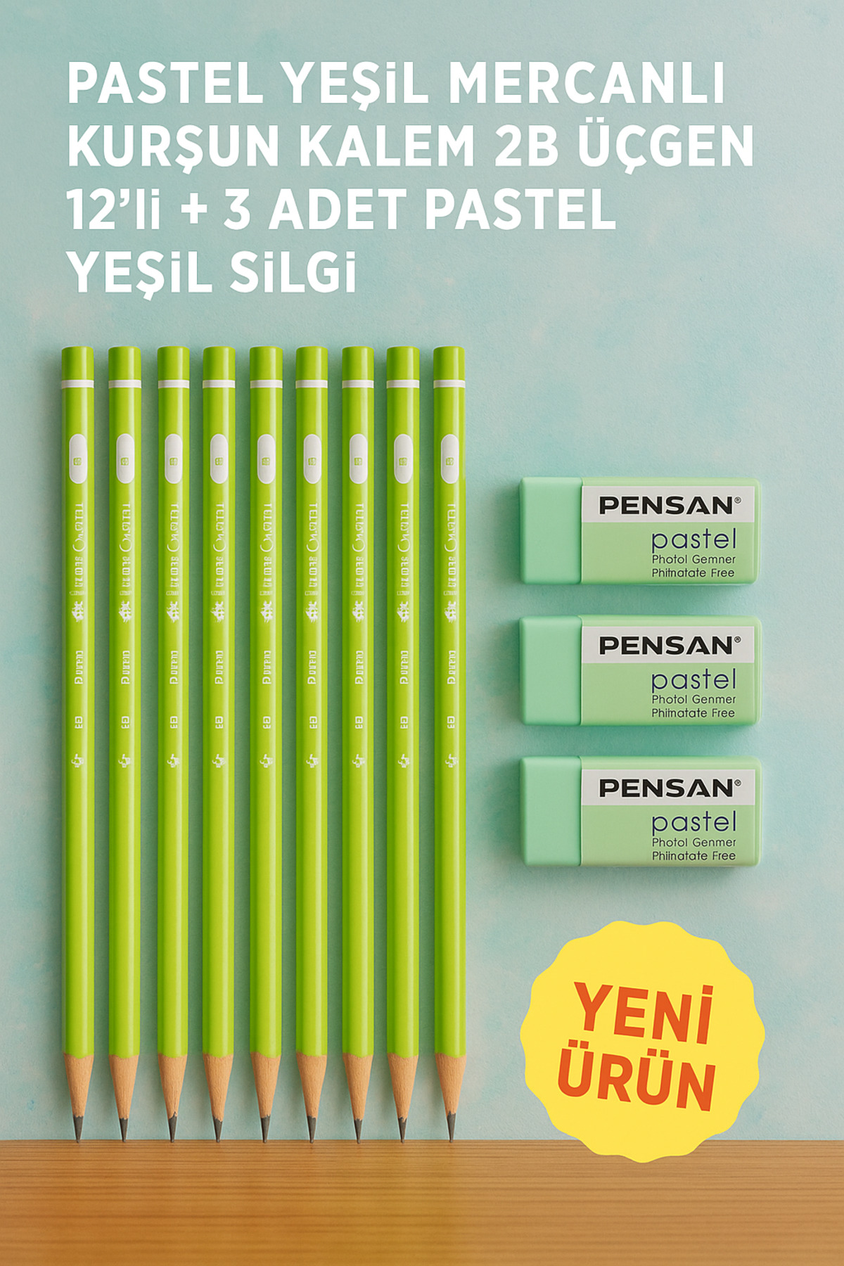 Pastel Green Coral Pencil 2D Triangle 12 Pieces + 3 Pieces Pastel Green Erasers