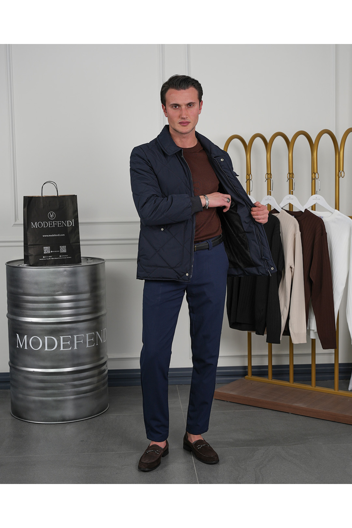 MODEFENDİ Erkek Lacivert Slim Fit Baklava Desen Torba Cep Dolum Elyaf Mont görsel 4