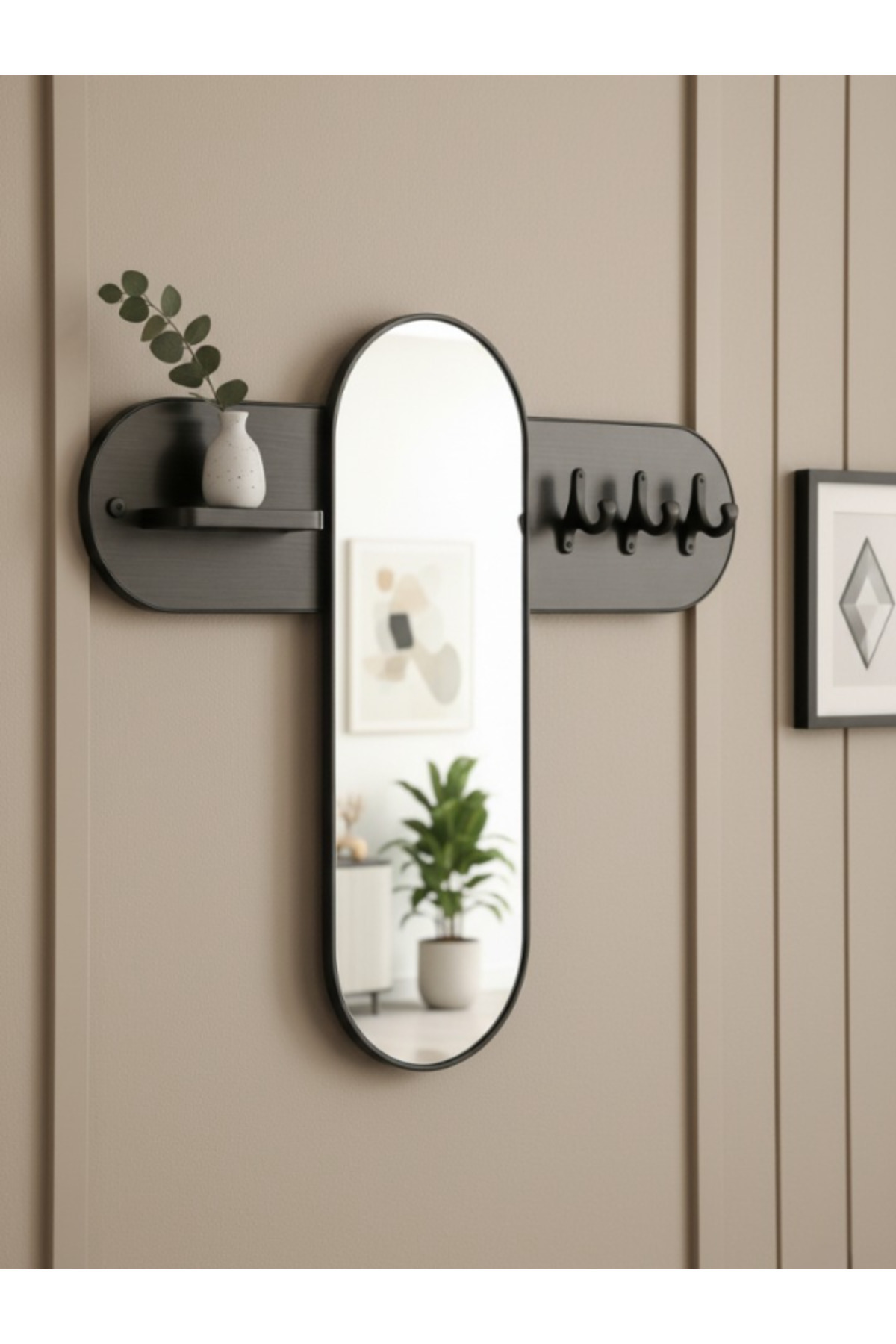 مرآة حائطية بيضاوية 3 في 1 مع رف و علاقة معاطف - أ...