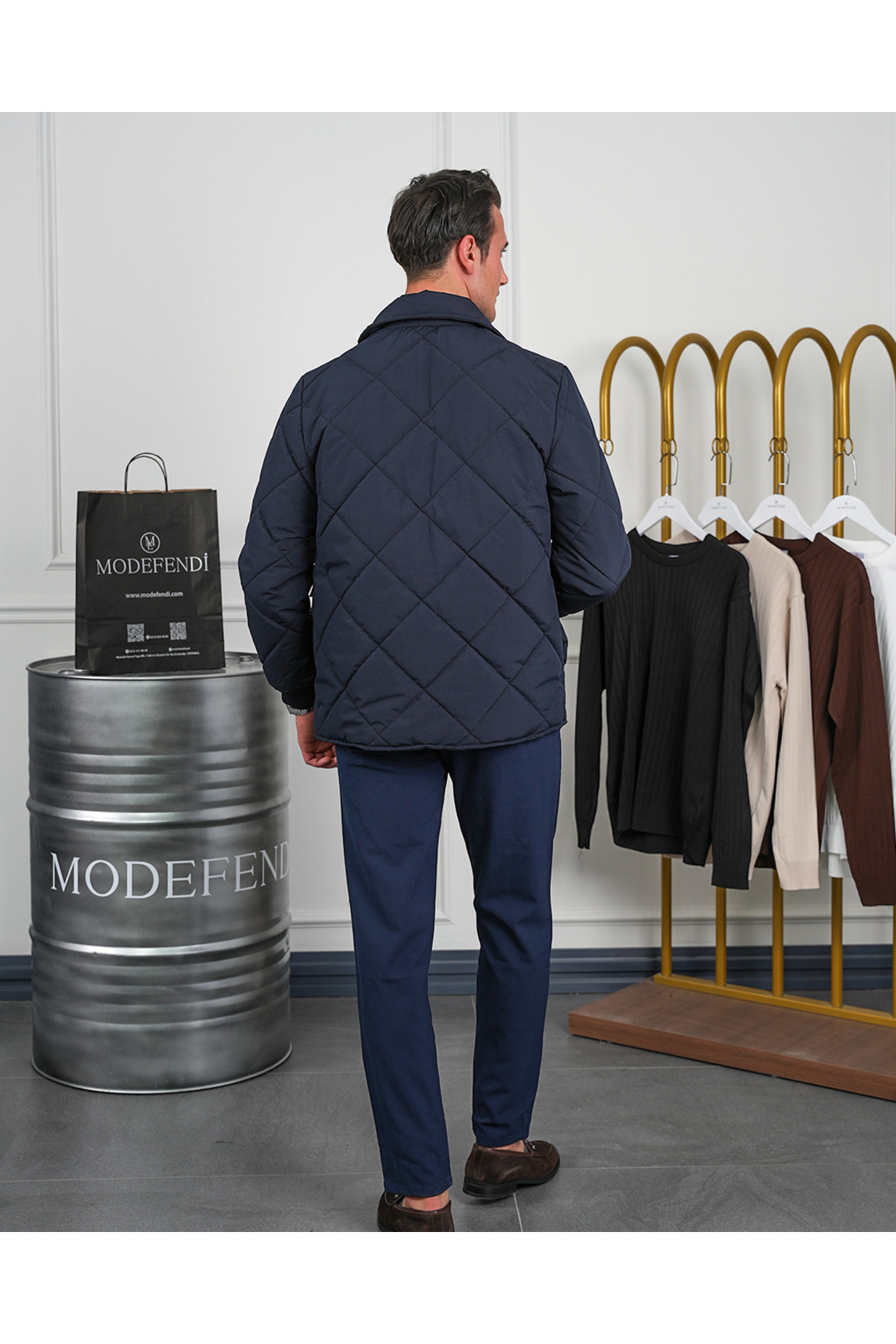 MODEFENDİ Erkek Lacivert Slim Fit Baklava Desen Torba Cep Dolum Elyaf Mont görsel 6