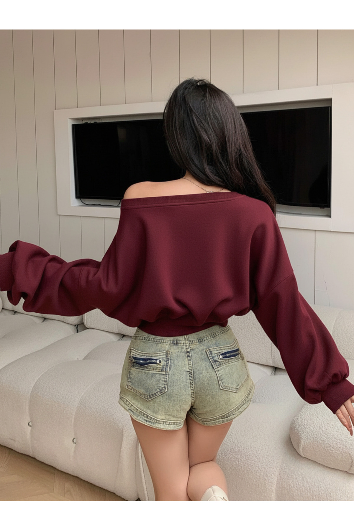 Wild Flower  bordo Bol Kesim Dazy Kadın Düz Renk Asimetrik Yaka Uzun Kollu Kırpılmış Sweatshirt - Görsel 2