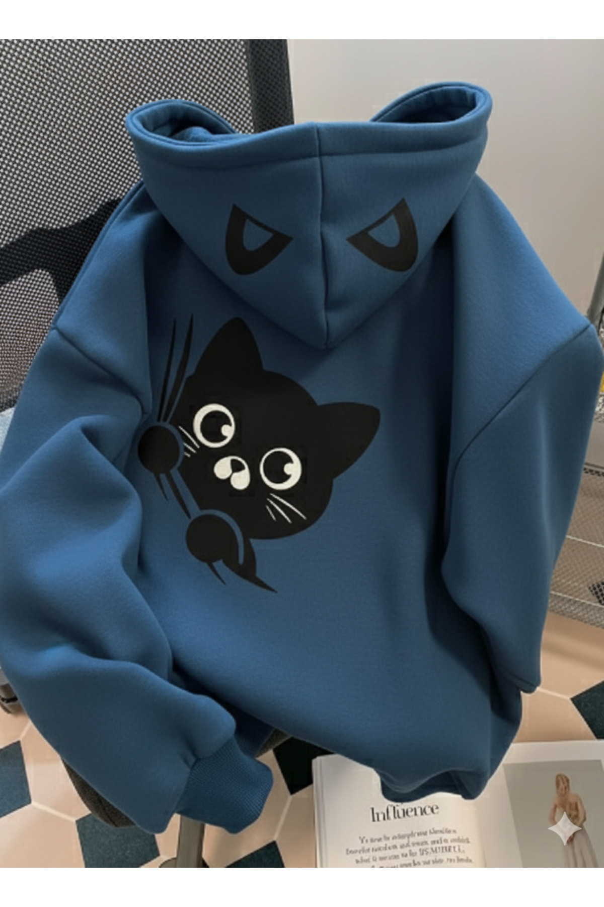 KVİNS  Kadın/Unisex Funny Cat Petrol Mavi Hoodie
