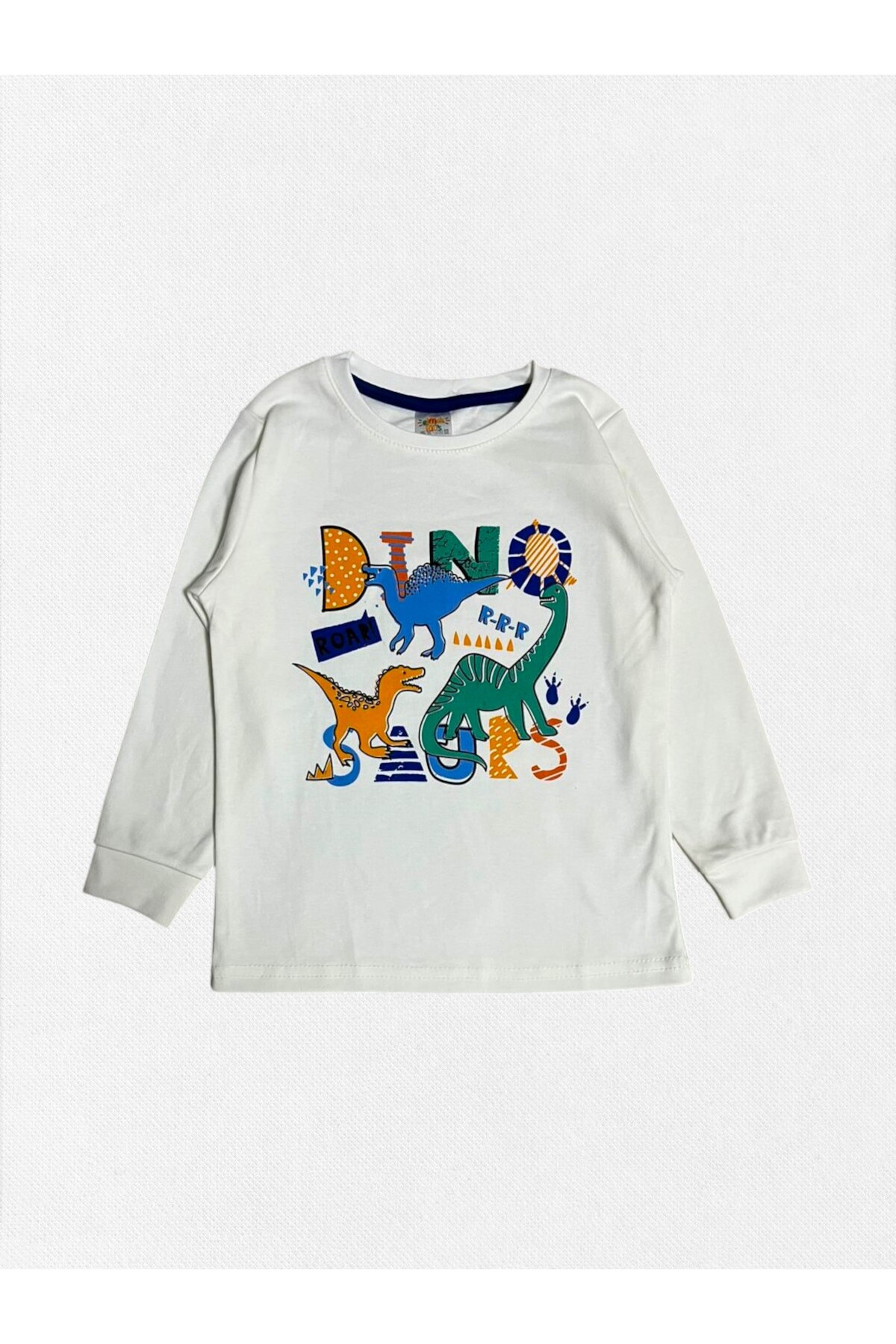 elmas kids Erkek Çocuk %100 Pamuklu Beyaz Dinozorlar Desenli Uzun Kollu Kışlık Pijama Takımı fotoğrafı 4 (önizleme)