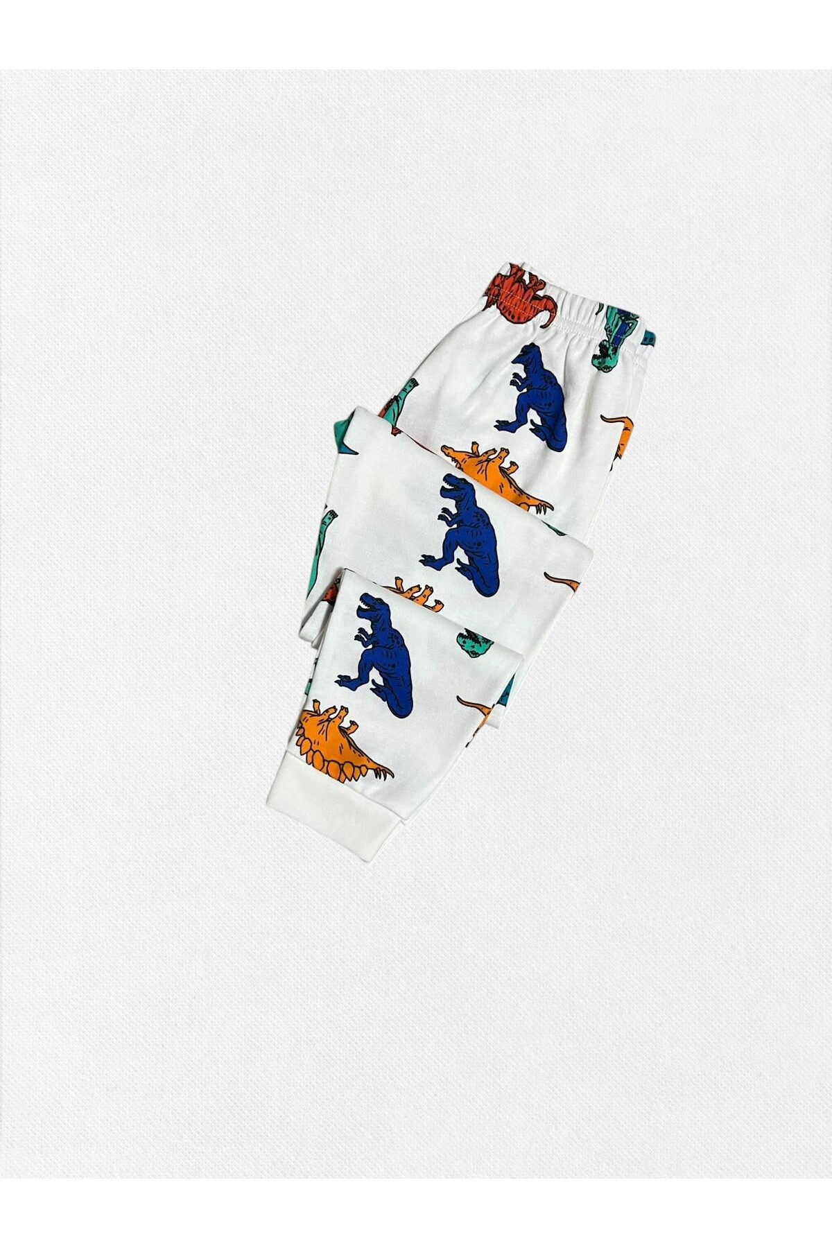 elmas kids Erkek Çocuk %100 Pamuklu Beyaz Dinozorlar Desenli Uzun Kollu Kışlık Pijama Takımı fotoğrafı 5 (önizleme)