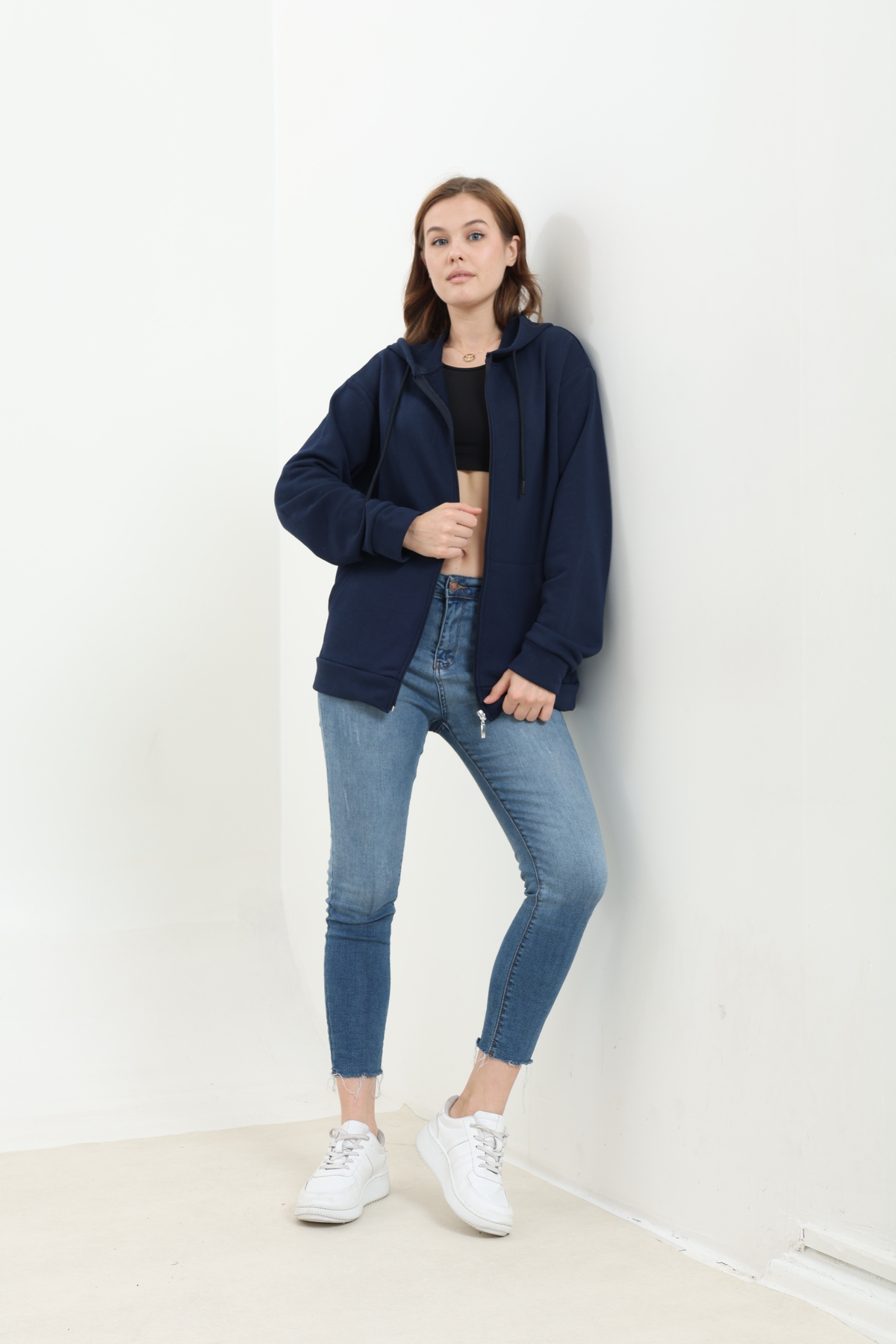Tight Lady %100 Pamuk Şardonsuz 3 iplik Oversize Geniş Kalıp Fermuarlı Kapüşonlu Kangru Cepli Sweatshirt Hırka görsel 6