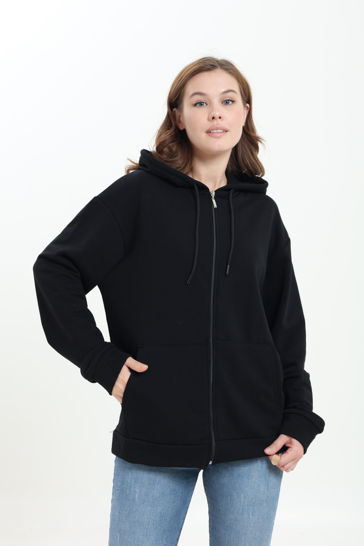 Tight Lady %100 Pamuk Şardonsuz 3 iplik Oversize Geniş Kalıp Fermuarlı Kapüşonlu Kangru Cepli Sweatshirt Hırka görsel 6