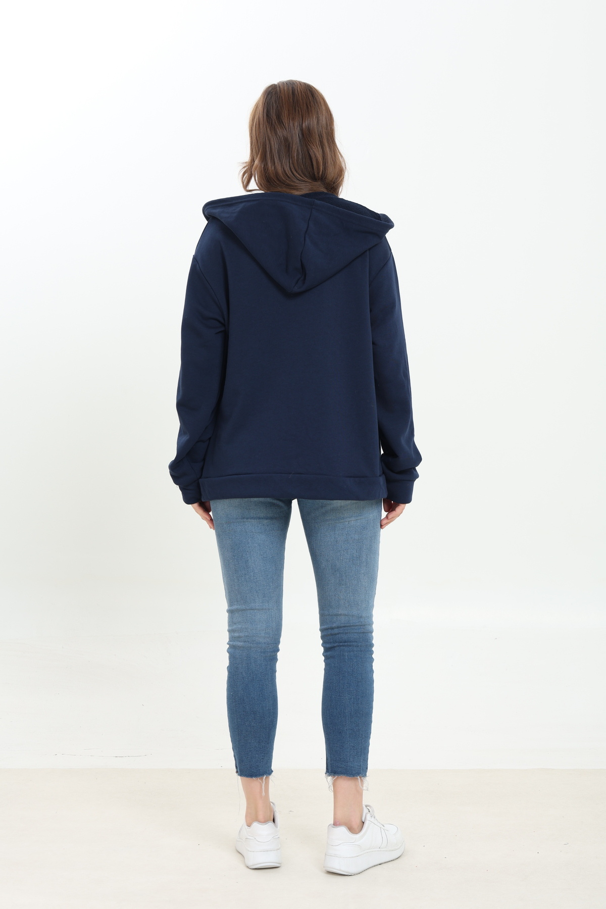 Tight Lady %100 Pamuk Şardonsuz 3 iplik Oversize Geniş Kalıp Fermuarlı Kapüşonlu Kangru Cepli Sweatshirt Hırka görsel 8