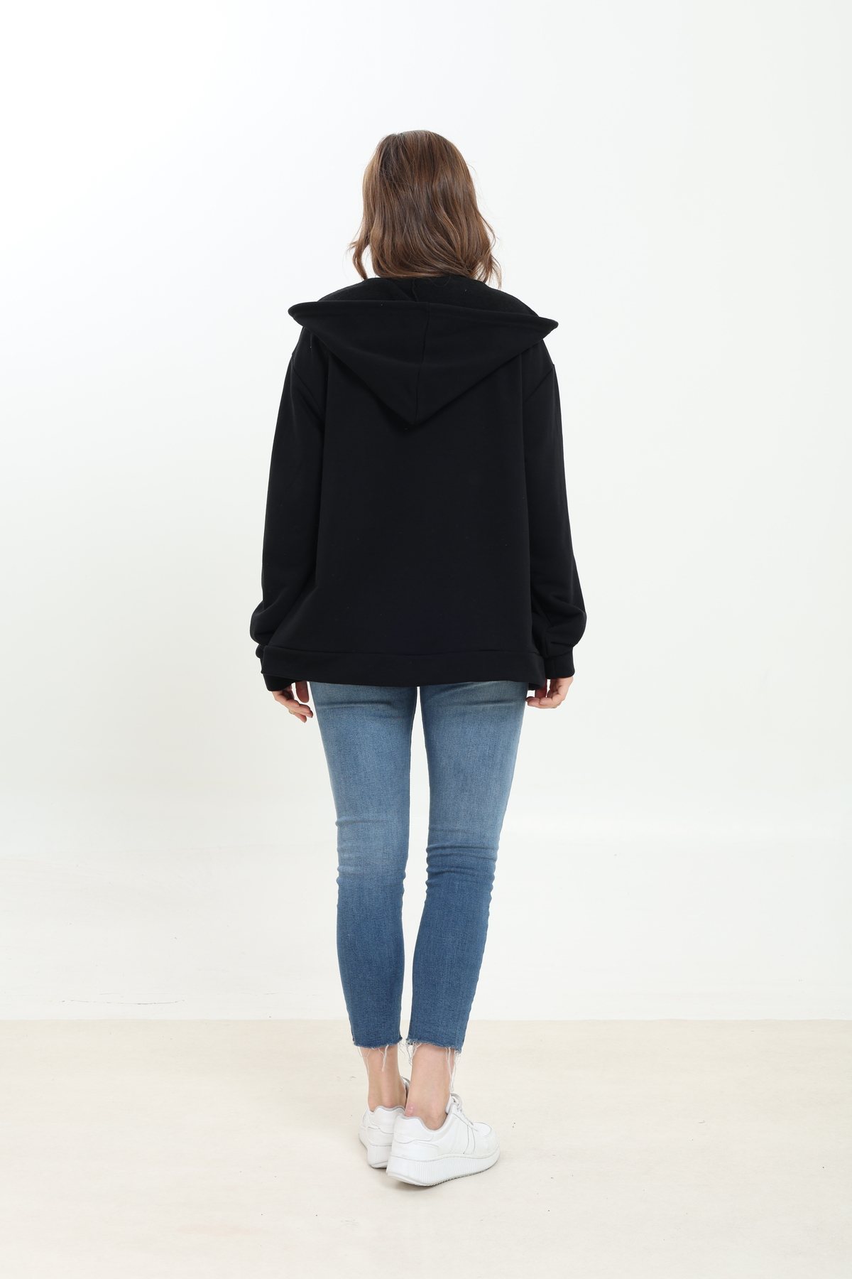 Tight Lady %100 Pamuk Şardonsuz 3 iplik Oversize Geniş Kalıp Fermuarlı Kapüşonlu Kangru Cepli Sweatshirt Hırka görsel 8