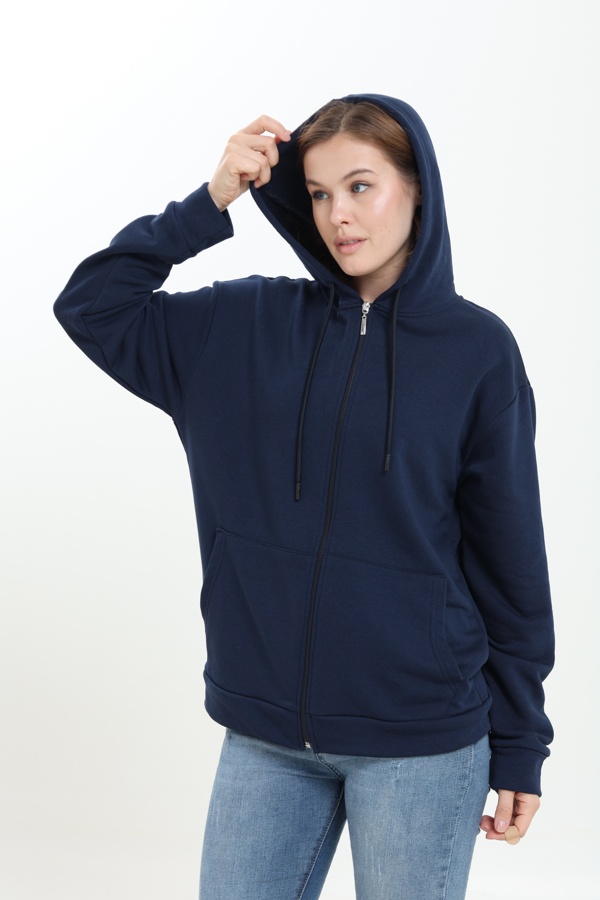 Tight Lady %100 Pamuk Şardonsuz 3 iplik Oversize Geniş Kalıp Fermuarlı Kapüşonlu Kangru Cepli Sweatshirt Hırka görsel 4