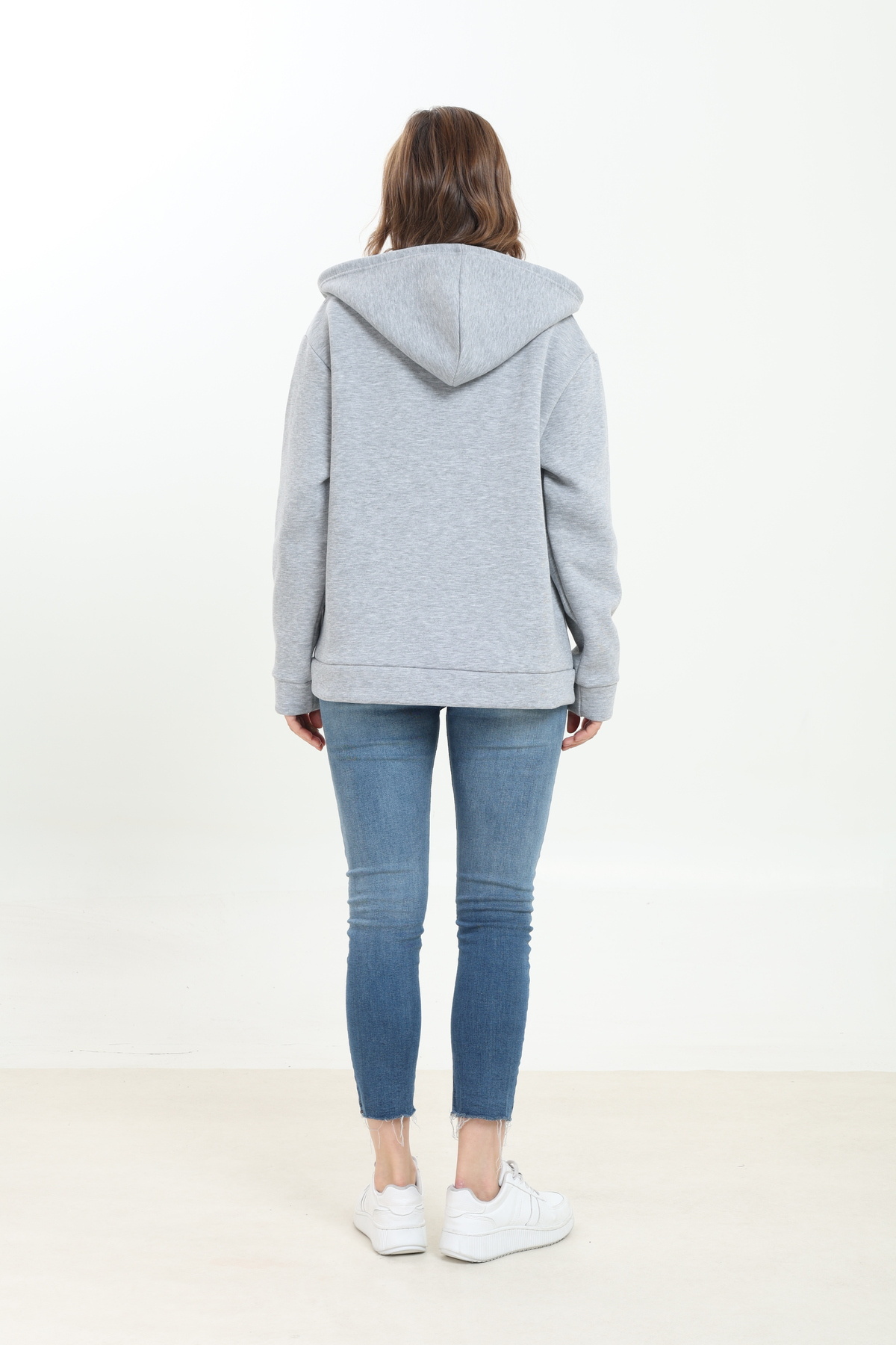 Tight Lady Gri Melanj 3 iplik Kanguru Cepli Kapüşonlu Fermuarlı içi Polarlı Oversize Kadın Sweatshirt Hırka görsel 6