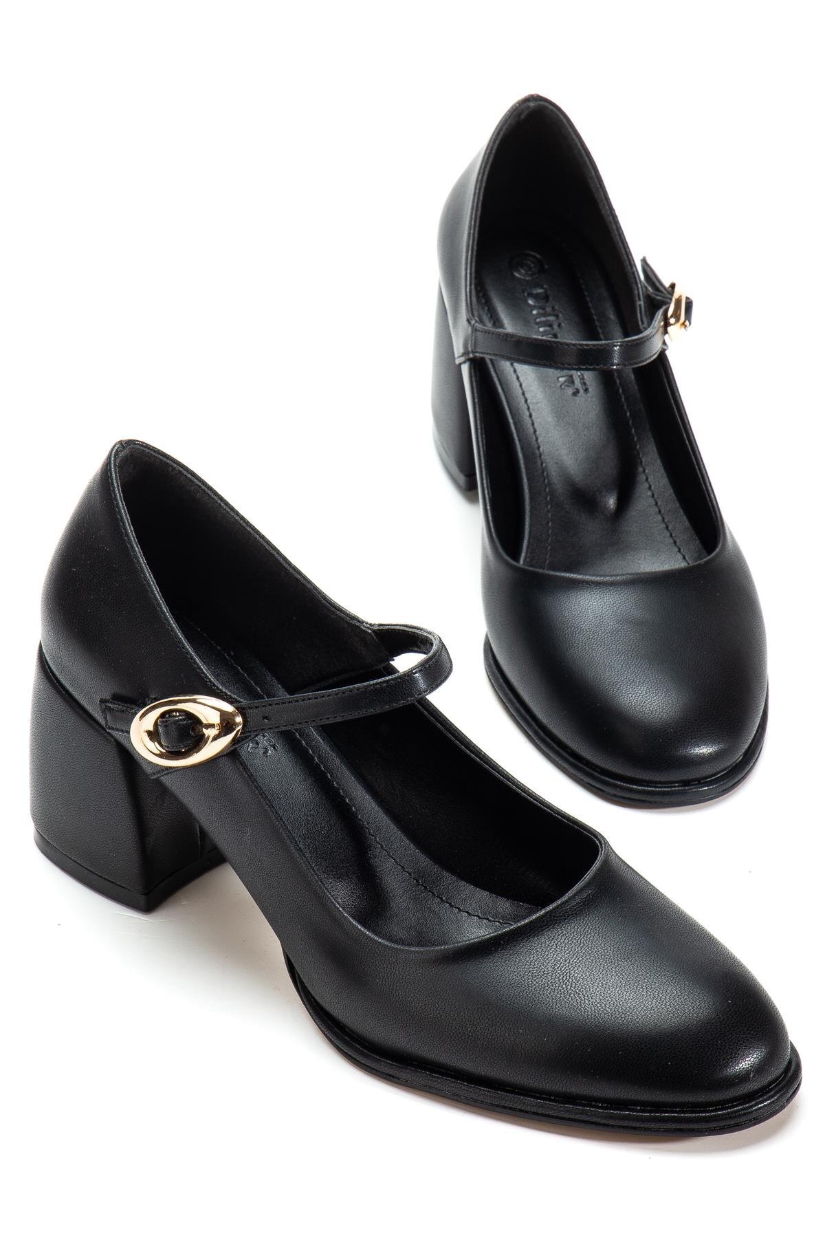 Dilimler Ayakkabı  Siyah Kadın Kalın Topuklu Ayakkabı Baretli Vardola Kalın Tokalı