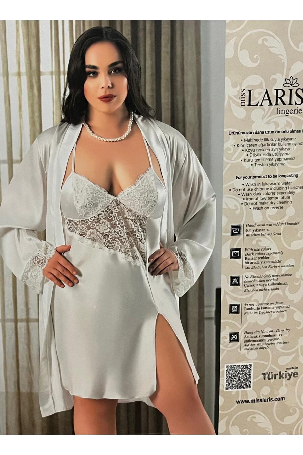 Miss Laris Lingerie Miss Laris 6018 Beyaz Dantelli Saten 2’li Büyük Beden Gecelik Takımı