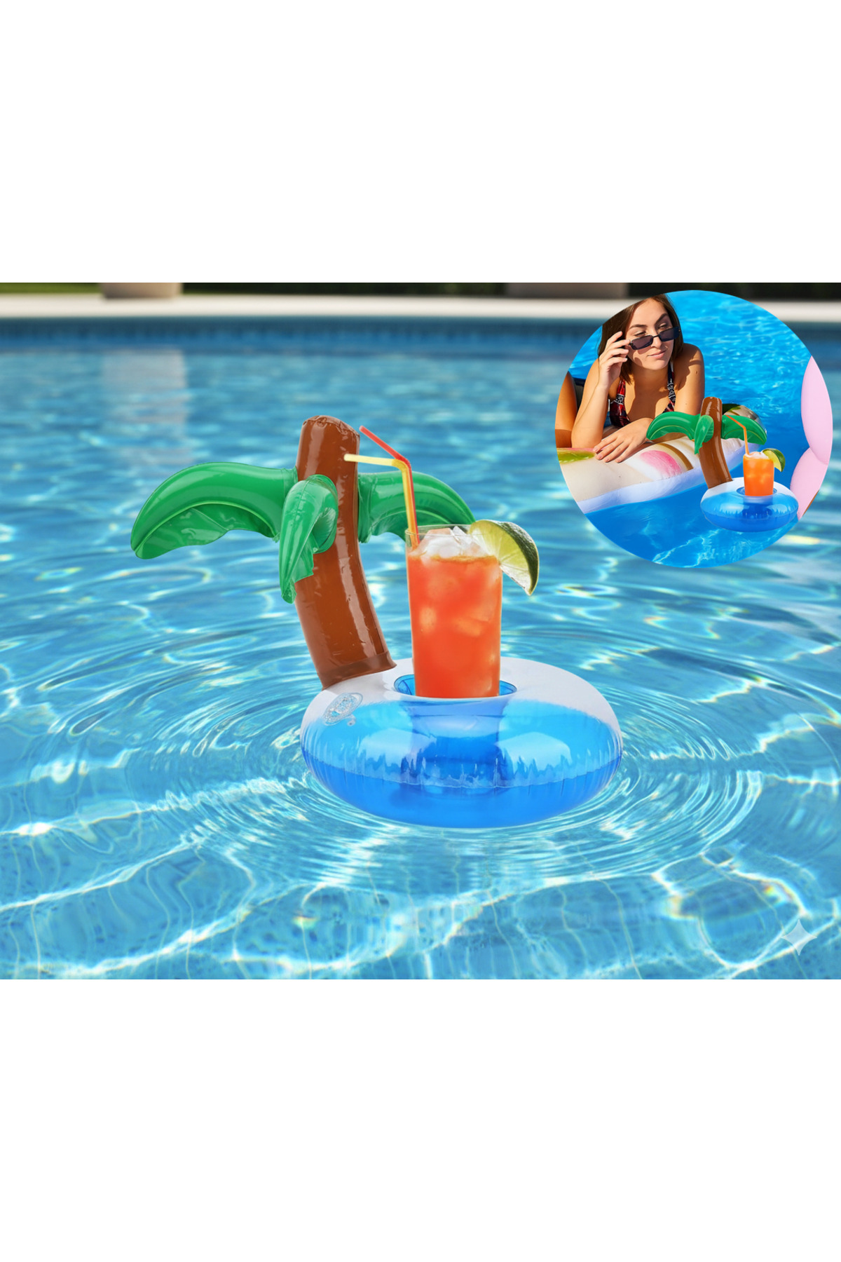 Boldy Palmiye Bardak Tutucu Şişme - Yüzen İçecek Tutacağı - Palmiye Bardaklık - Şişme Deniz Bardak Tutma