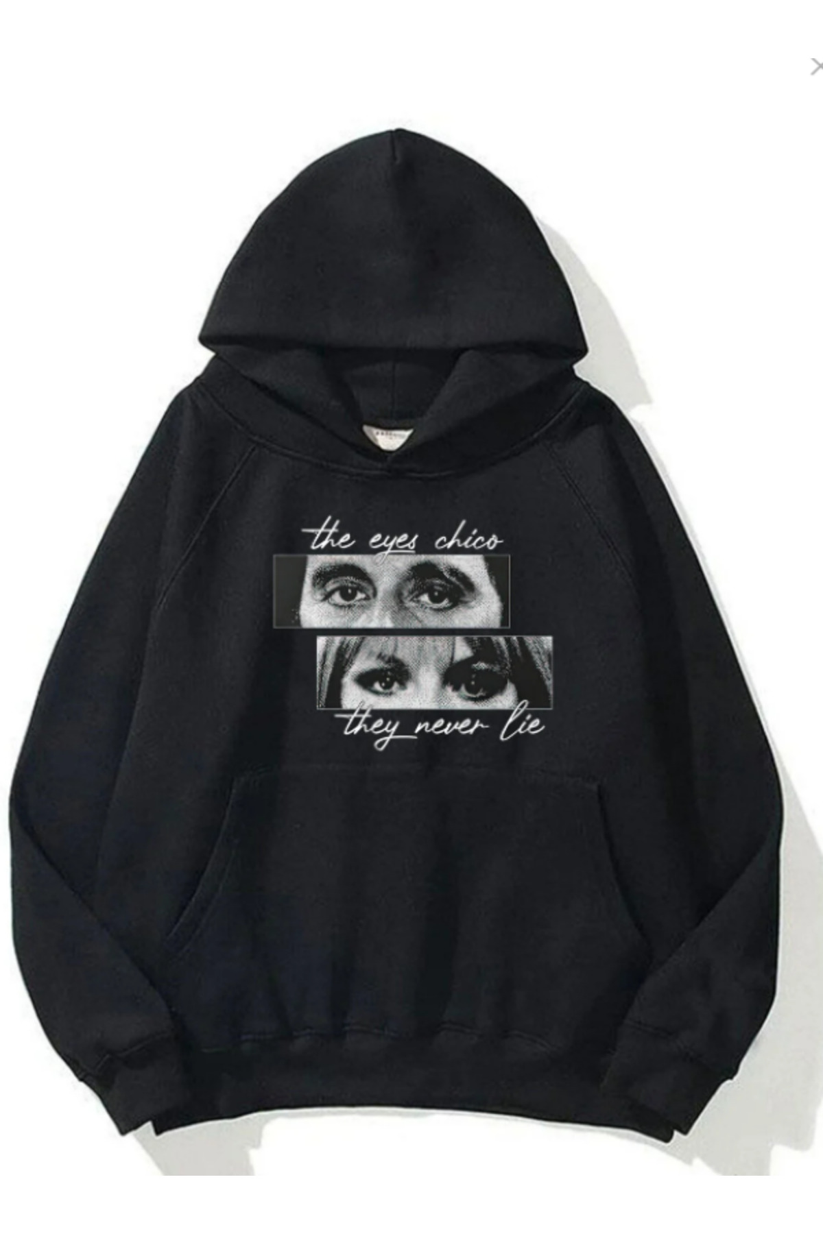 Elvino 'Gözler Yalan Söylemez' Baskılı Kadın/Erkek Unisex Oversize Kapüşonlu 3iplik Siyah-Gri Sweatshirt