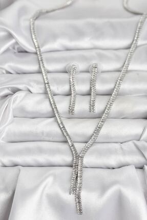 NICK FABRI Gümüş Renk Baget Zirkon Taşlı Kadın Kolye Küpe Set - TJ-BKO10637