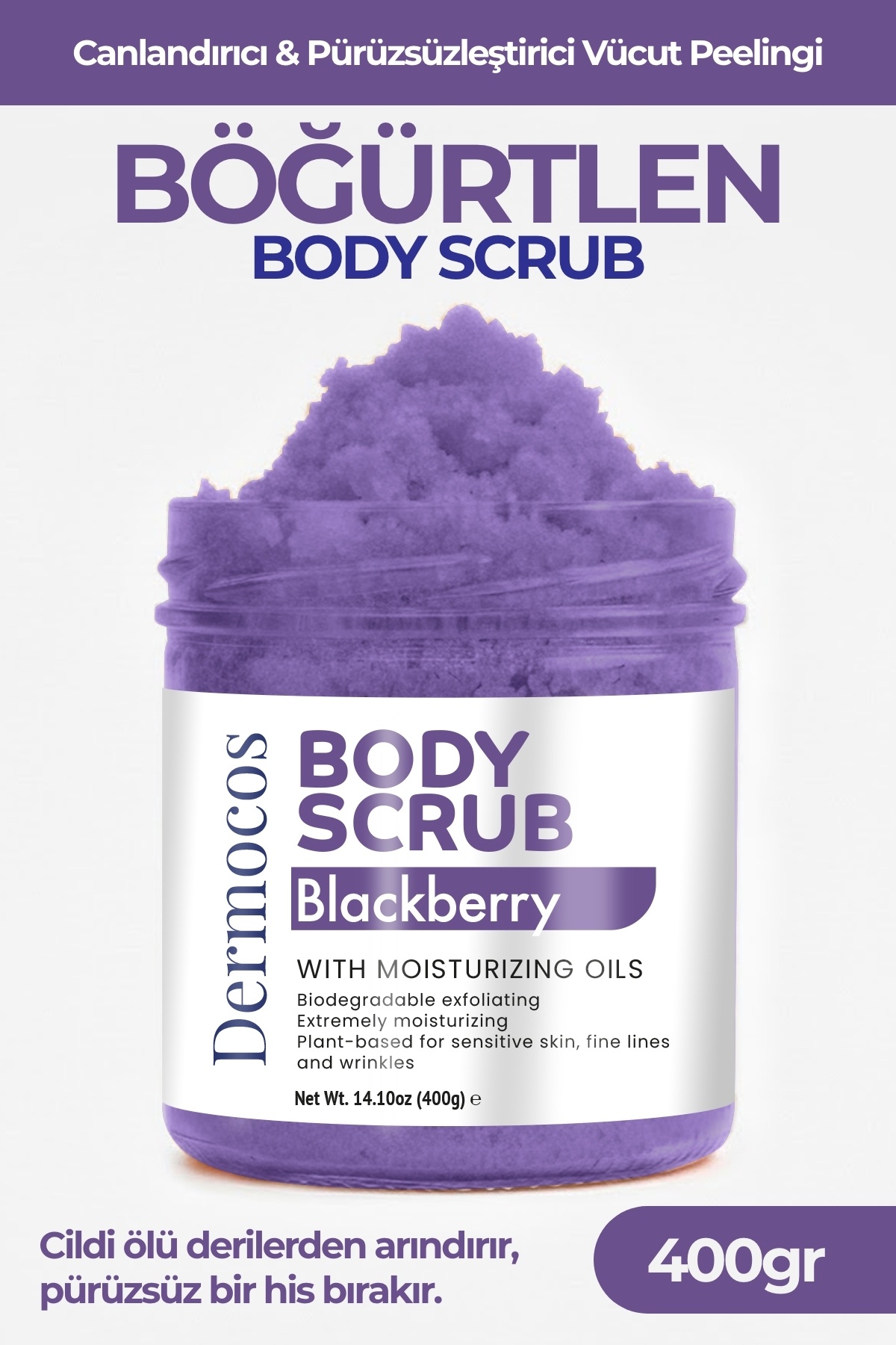 Dermocos Böğürtlen Body Scrub 400g – Cildi Arındıran, Nemlendirici ve Canlandırıcı Tuzlu Vücut Peelingi