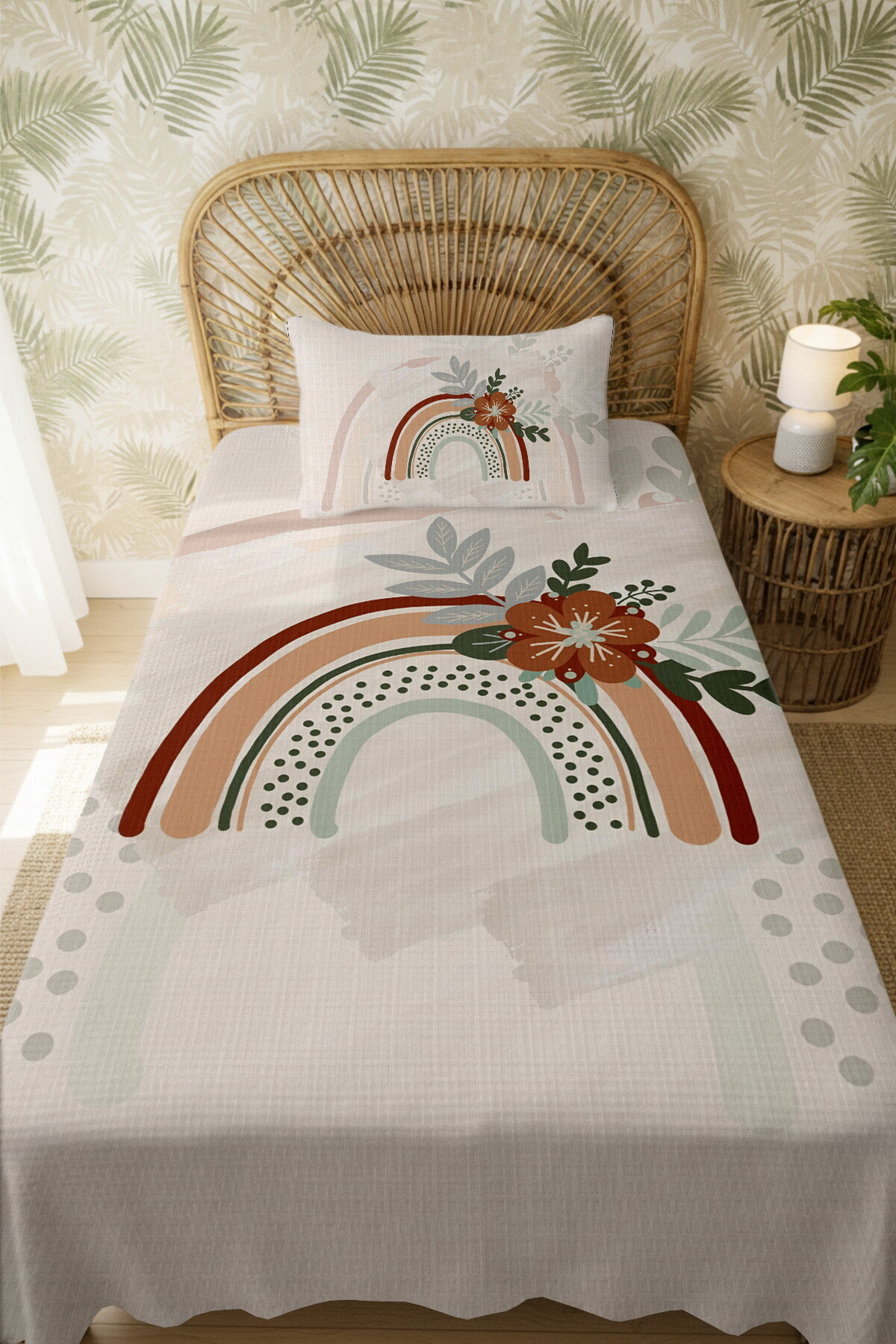 Evpanya %100 Pamuk Bohem Çiçekli Gökkuşağı Desenli Tek Kişilik Pike Seti fotoğrafı 3 (önizleme)