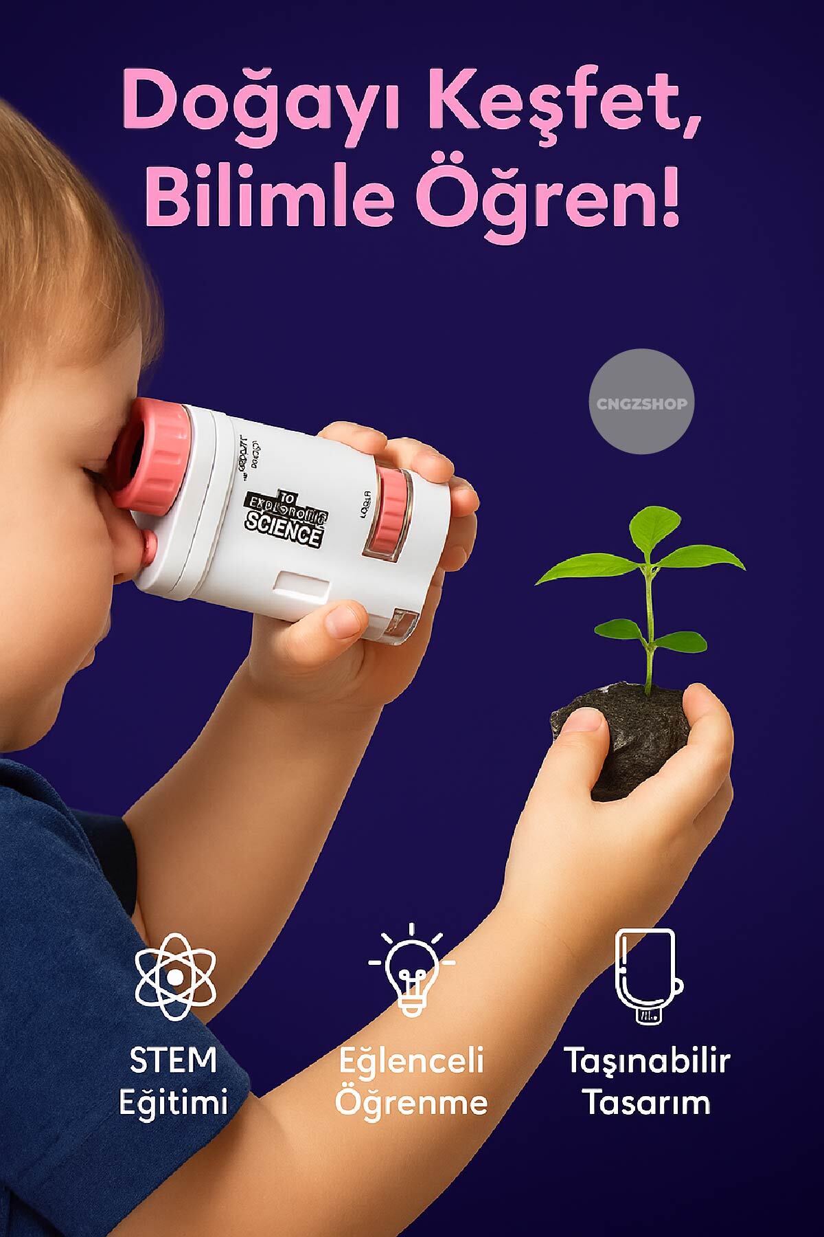CNGZSHOP Çocuk Keşif Aracı Mini Mikroskop | 80X-200X Zoom | LED
