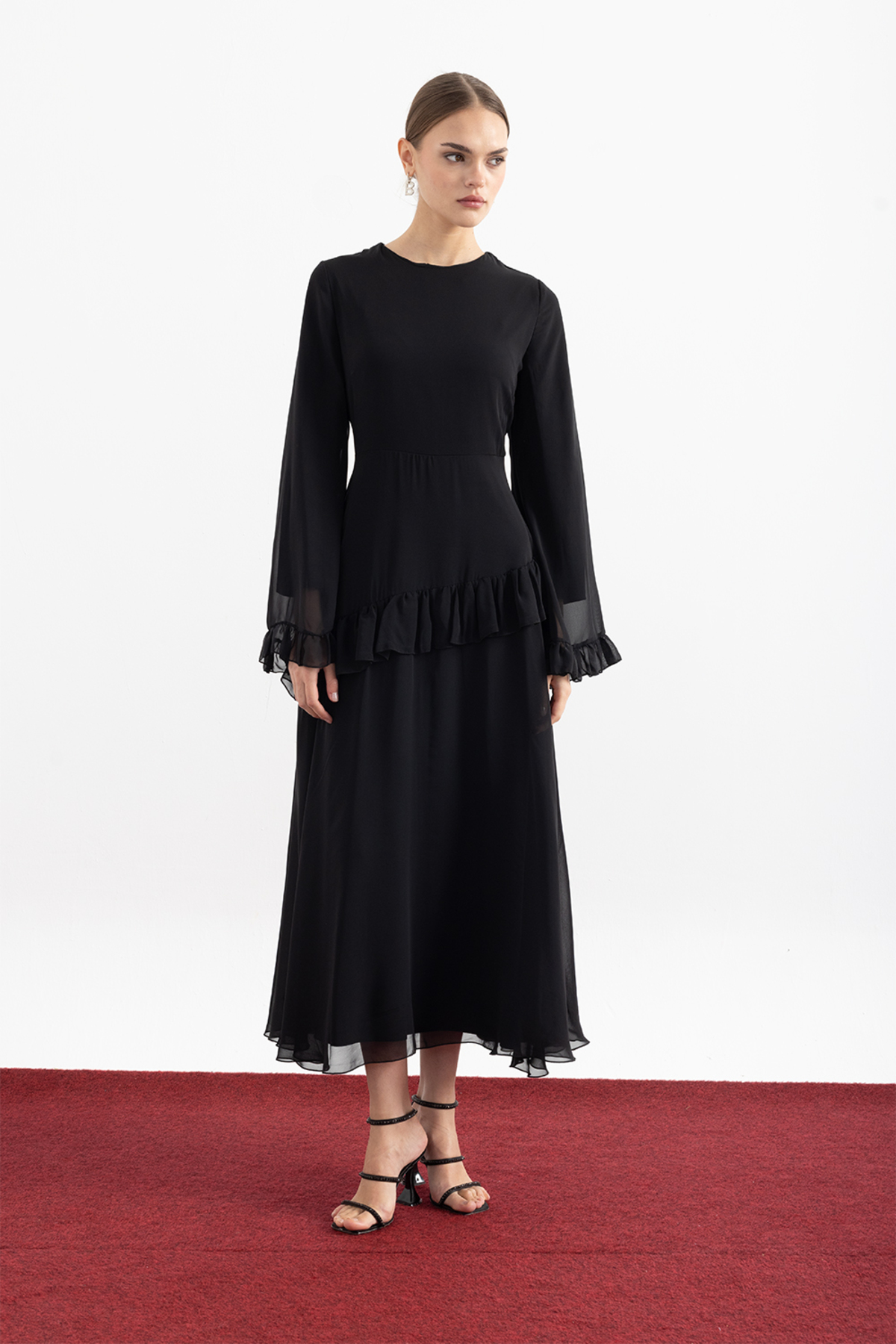 Black Ruffle Detailed Chiffon Dress
