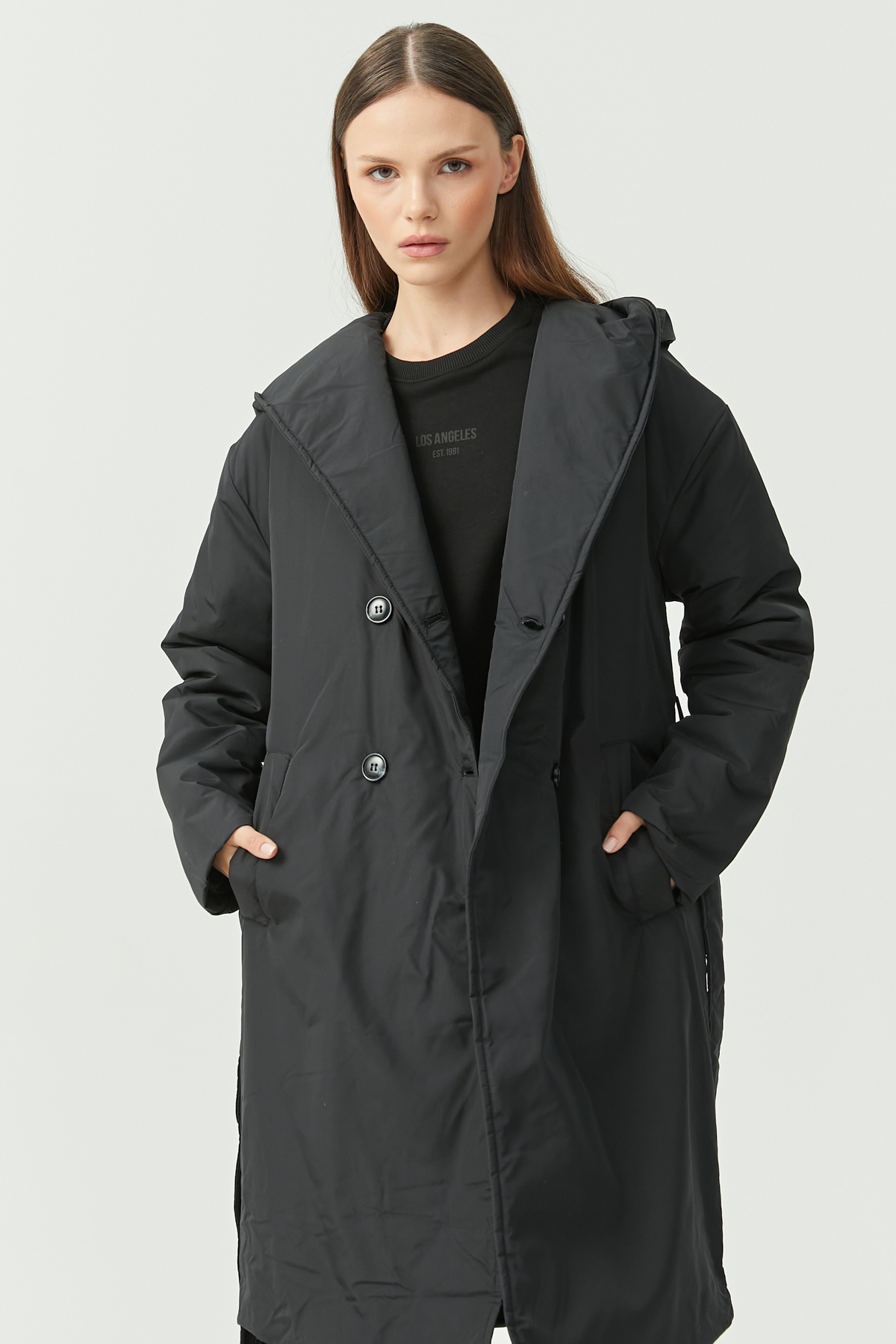 PAULMARK  Kadın Kapüşonlu Uzun Kaban - Görsel 7