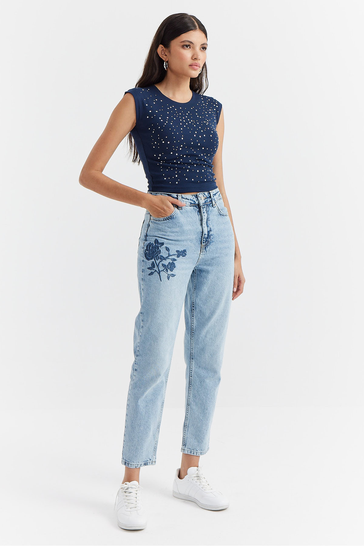 PAULMARK  Kadın Yüksek Bel Nakış Detaylı Kot Pantolon - Görsel 5