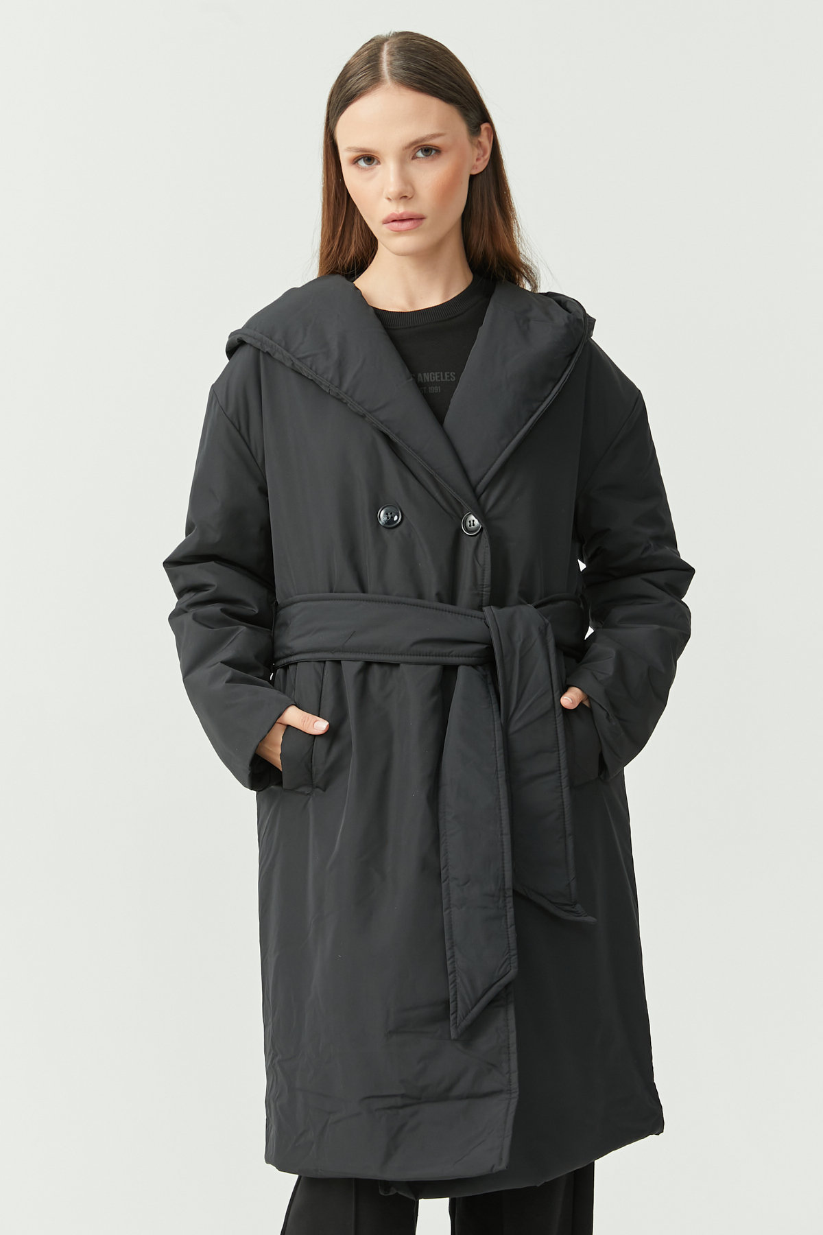 PAULMARK  Kadın Kapüşonlu Uzun Kaban - Görsel 8